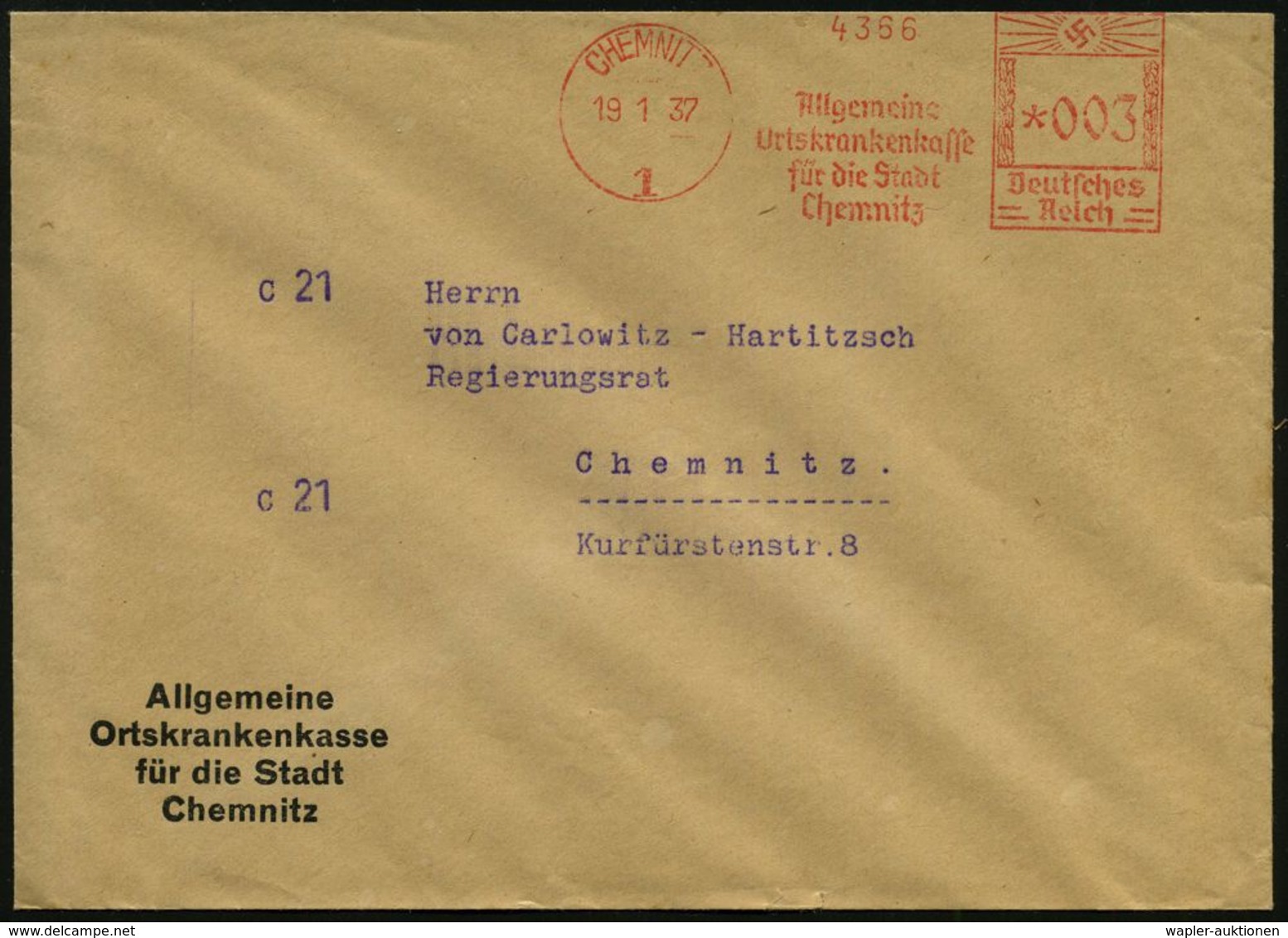 KRANKENKASSE / KRANKEN-VERSICHERUNG : CHEMNITZ/ 1/ Allgem./ Ortskrankenkasse/ Für Die Stadt/ Chemnitz 1937 (19.1.) AFS A - Médecine