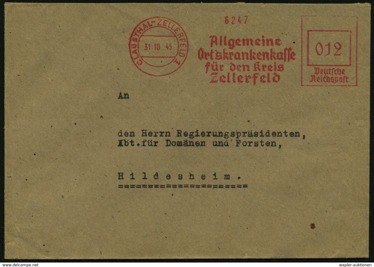 KRANKENKASSE / KRANKEN-VERSICHERUNG : CLAUSTHAL-ZELLERFELD 1/ Allgem./ Ortskrankenkasse/ Für Den Kreis/ Zellerfeld 1945  - Medicine