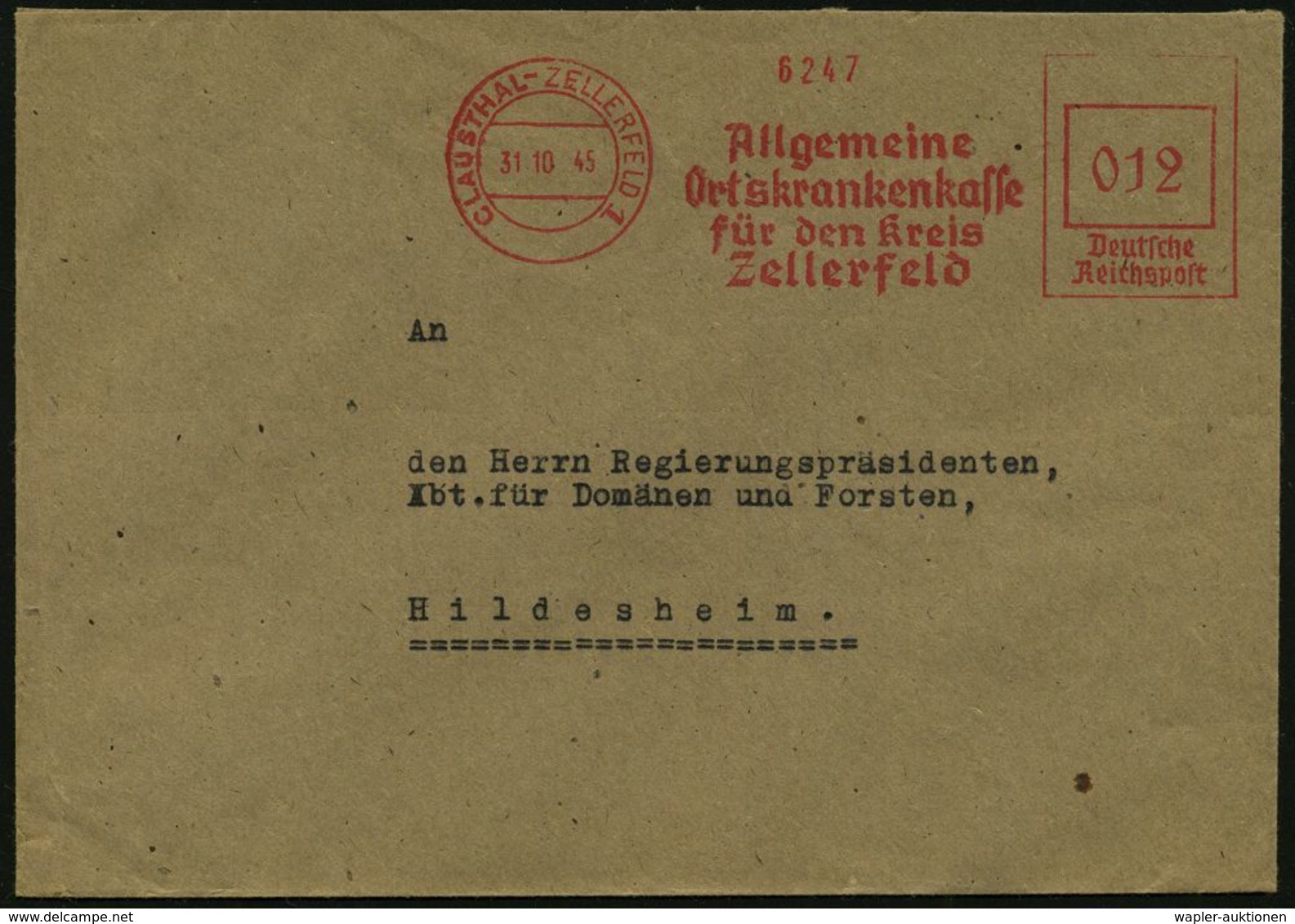 KRANKENKASSE / KRANKEN-VERSICHERUNG : CLAUSTHAL-ZELLERFELD 1/ Allgem./ Ortskrankenkasse/ Für Den Kreis/ Zellerfeld 1945  - Médecine