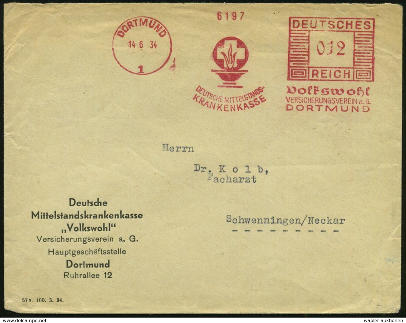 KRANKENKASSE / KRANKEN-VERSICHERUNG : DORTMUND/ 1/ DT.MITTELSTANDS-/ KRANKENKASSE/ Volkswohl.. 1934 (14.6.) AFS (Flammen - Medicina