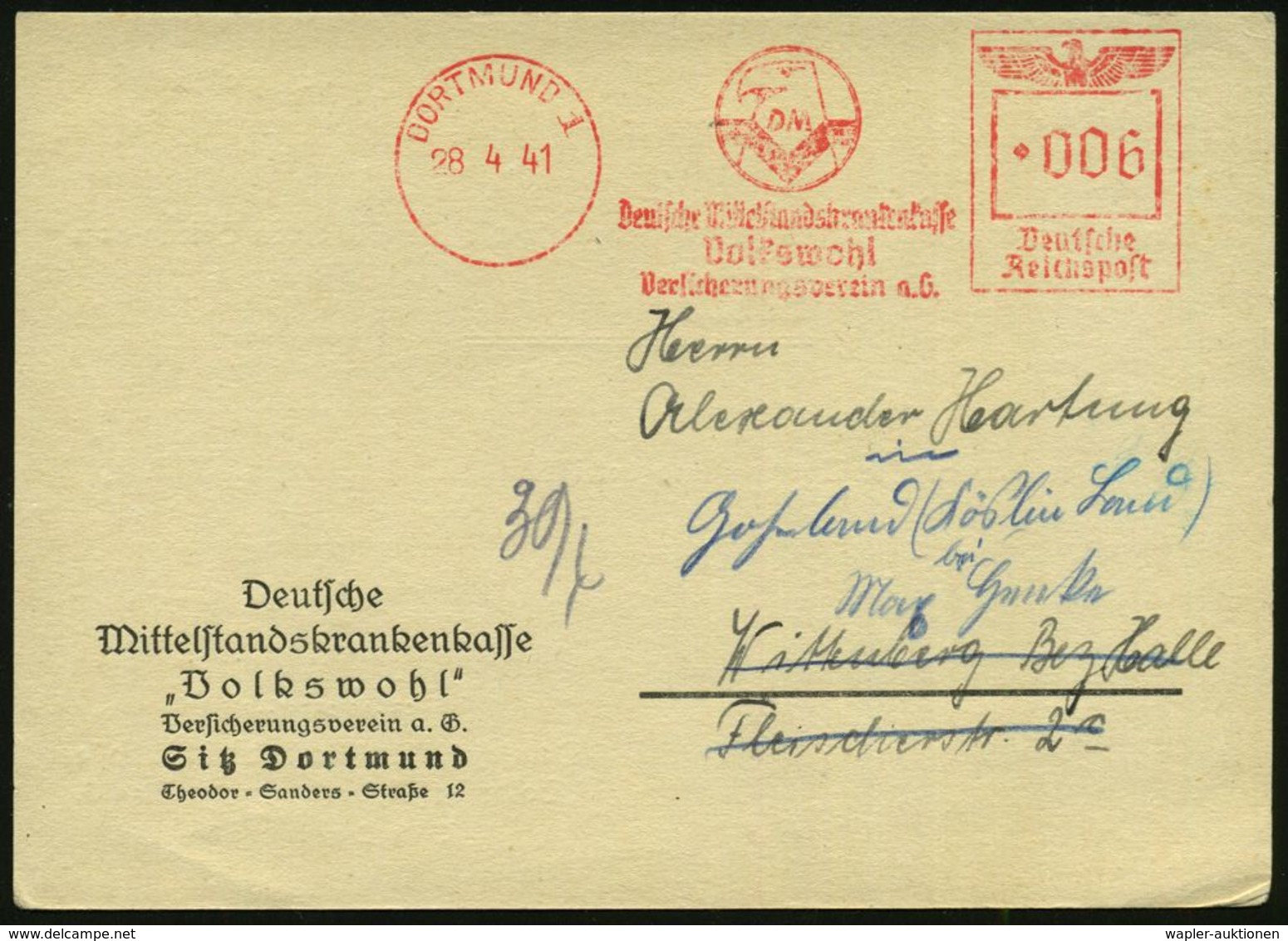 KRANKENKASSE / KRANKEN-VERSICHERUNG : DORTMUND 1/ Deutsche Mittelstandskrankenkasse/ Volkswohl.. 1941 (28.4.) AFS (Adler - Medizin