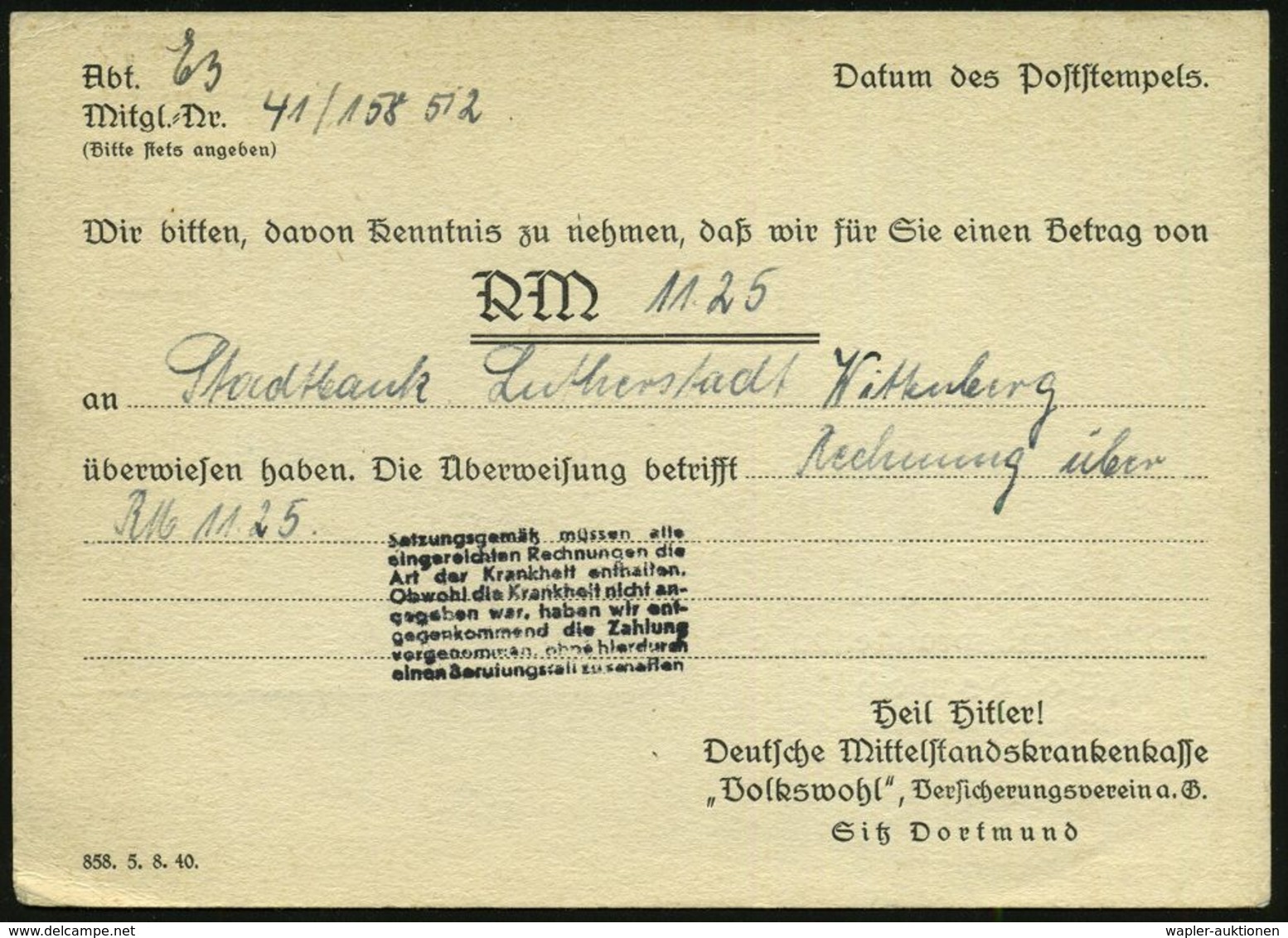 KRANKENKASSE / KRANKEN-VERSICHERUNG : DORTMUND 1/ Deutsche Mittelstandskrankenkasse/ Volkswohl.. 1941 (28.4.) AFS (Adler - Médecine