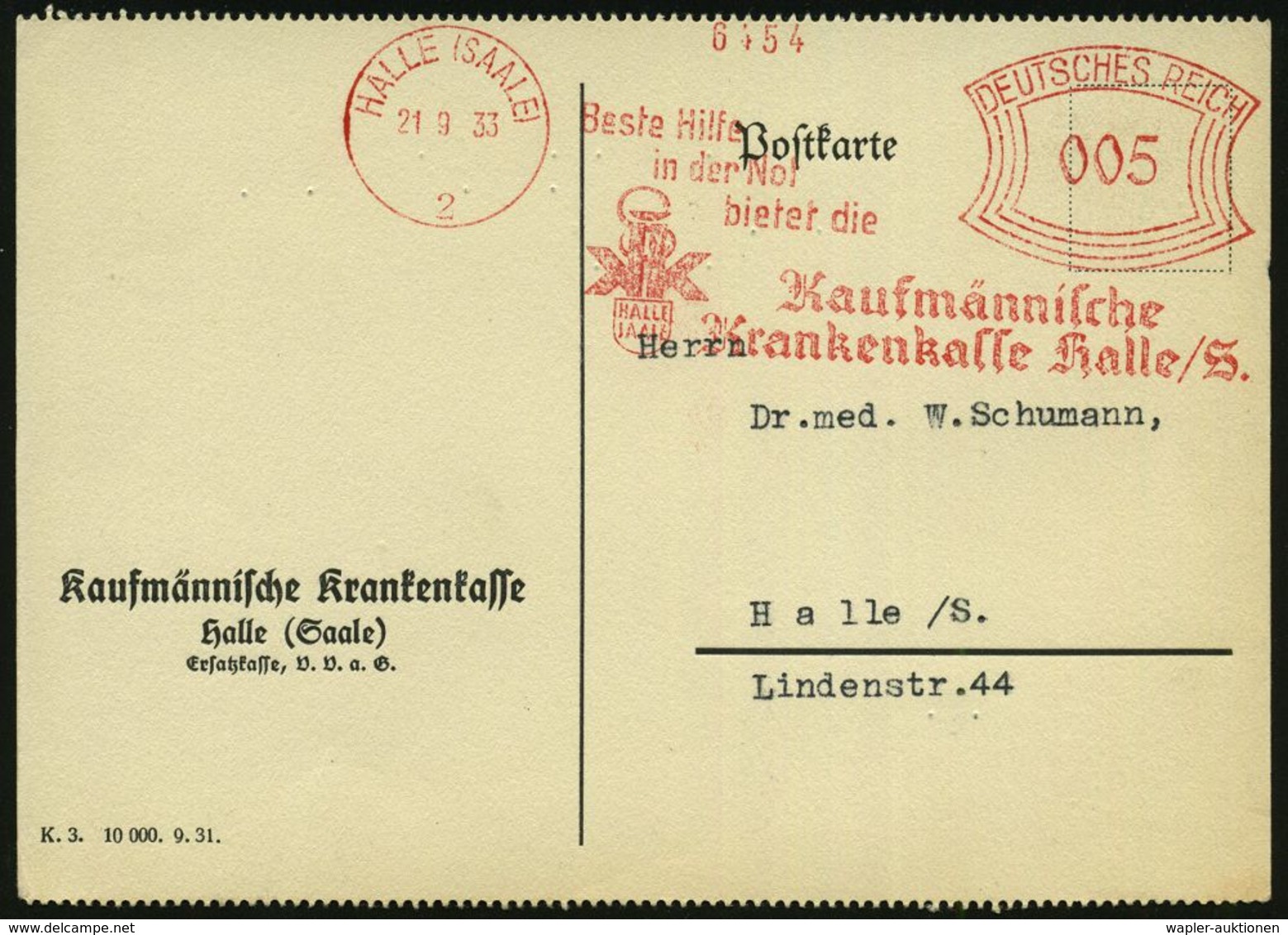 KRANKENKASSE / KRANKEN-VERSICHERUNG : HALLE (SAALE)/ 2/ Beste Hilfe/ In Der Not../ Kaufmännische/ Krankenkasse.. 1933 (2 - Medicina