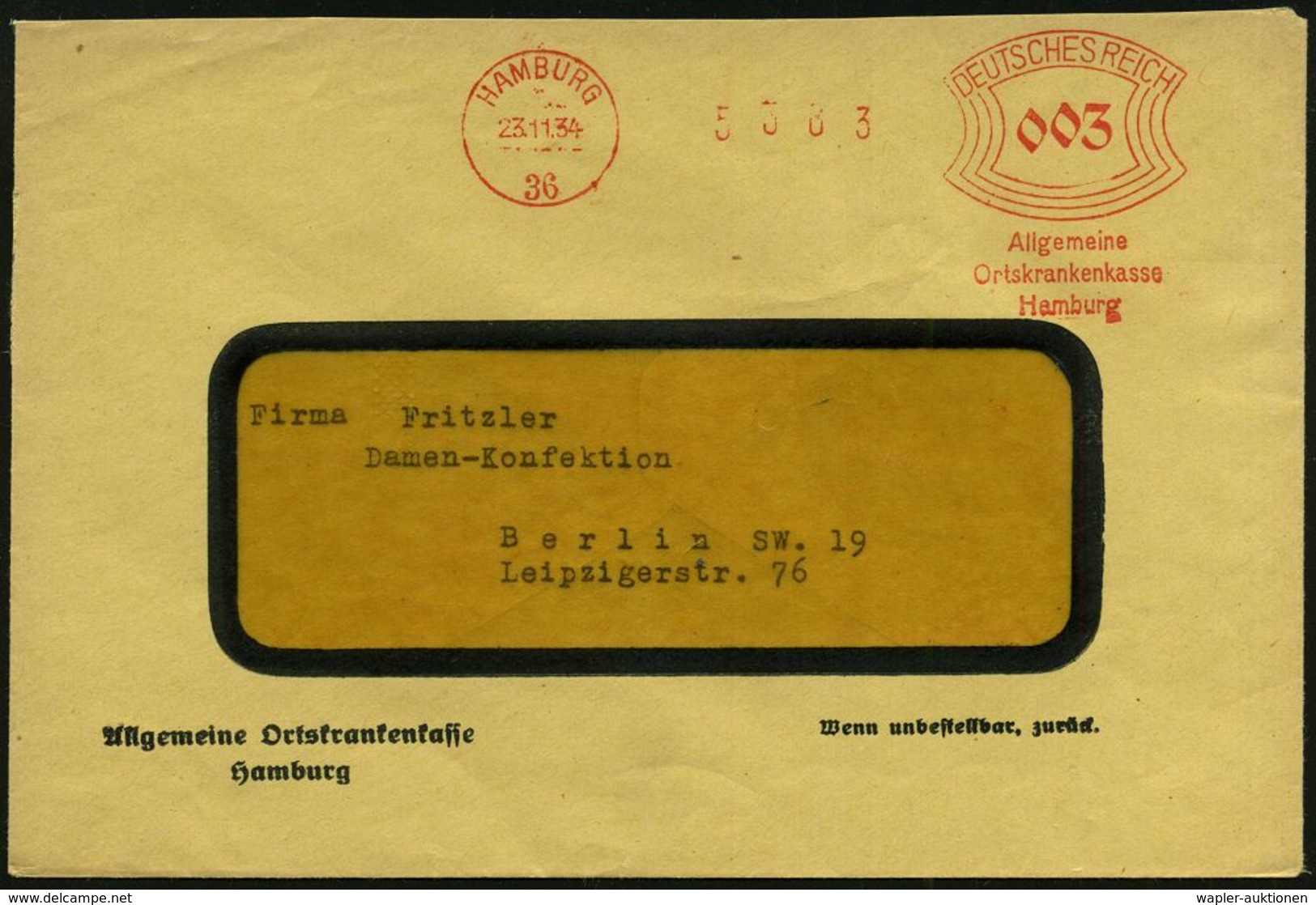 KRANKENKASSE / KRANKEN-VERSICHERUNG : HAMBURG/ 36/ Allgemeine/ Ortskrankenkasse/ Hamburg 1934 (23.11.) AFS Klar Auf Vord - Médecine