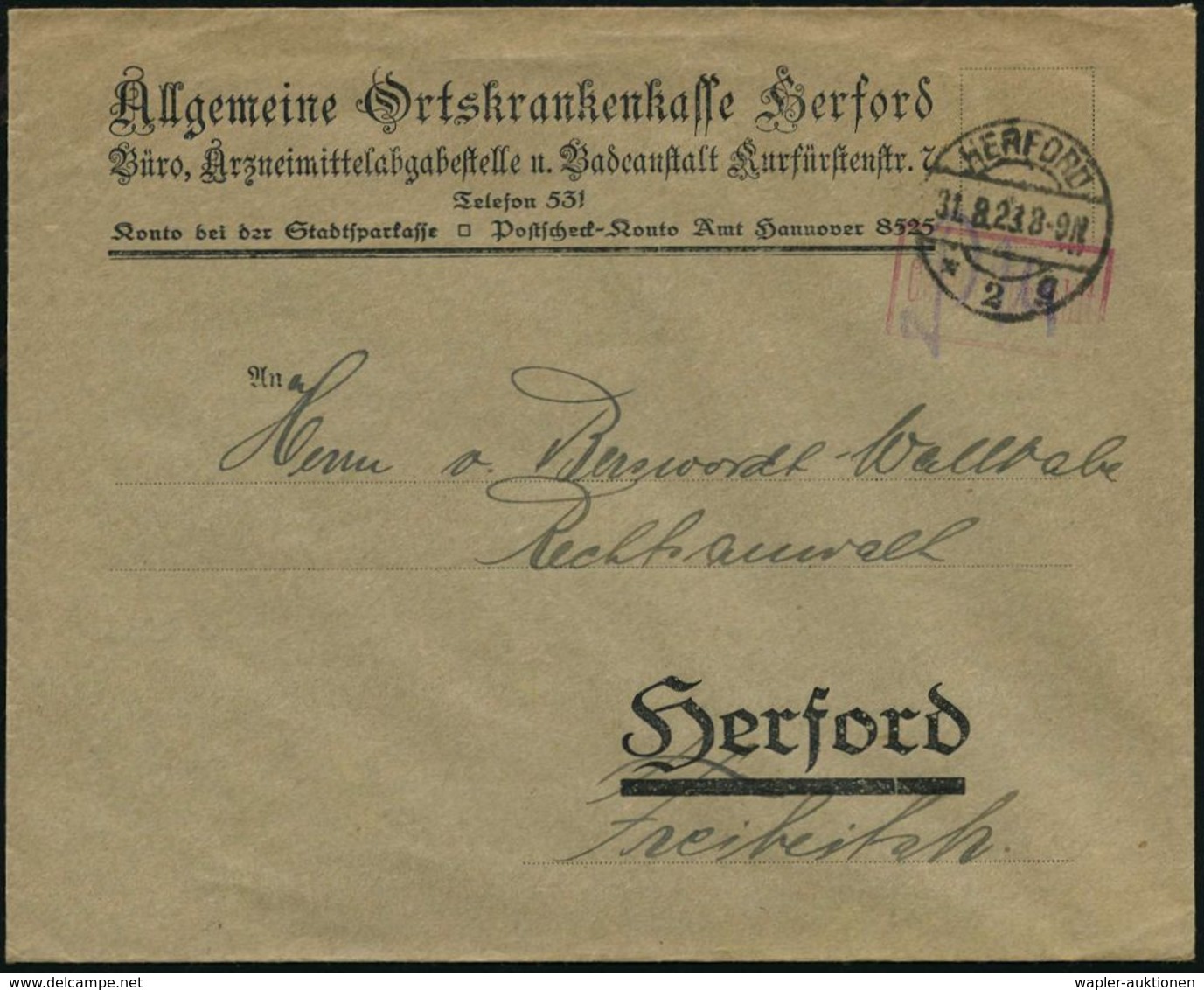 KRANKENKASSE / KRANKEN-VERSICHERUNG : HERFORD/ *2g 1923 (31.8.) 1K-Brücke + Roter Ra.: Gebühr Bezahlt , Dekorativer Vord - Médecine