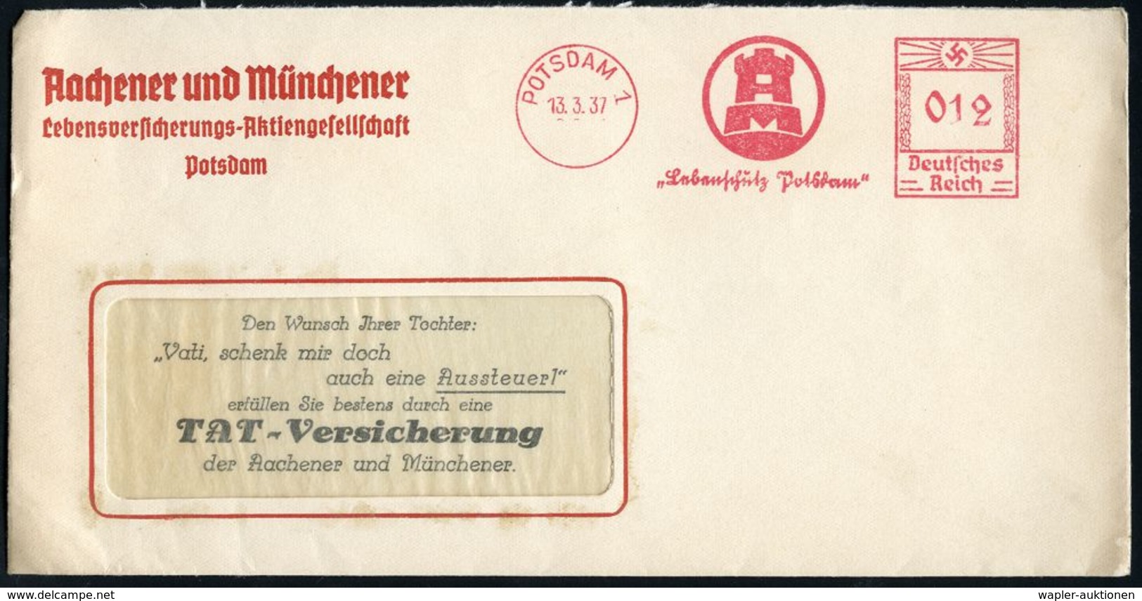 KRANKENKASSE / KRANKEN-VERSICHERUNG : POTSDAM 1/ AM/ "Lebenschutz Potsdam" 1937 (15.3.) AFS, Teils Sütterlin (Turm Als L - Medicina