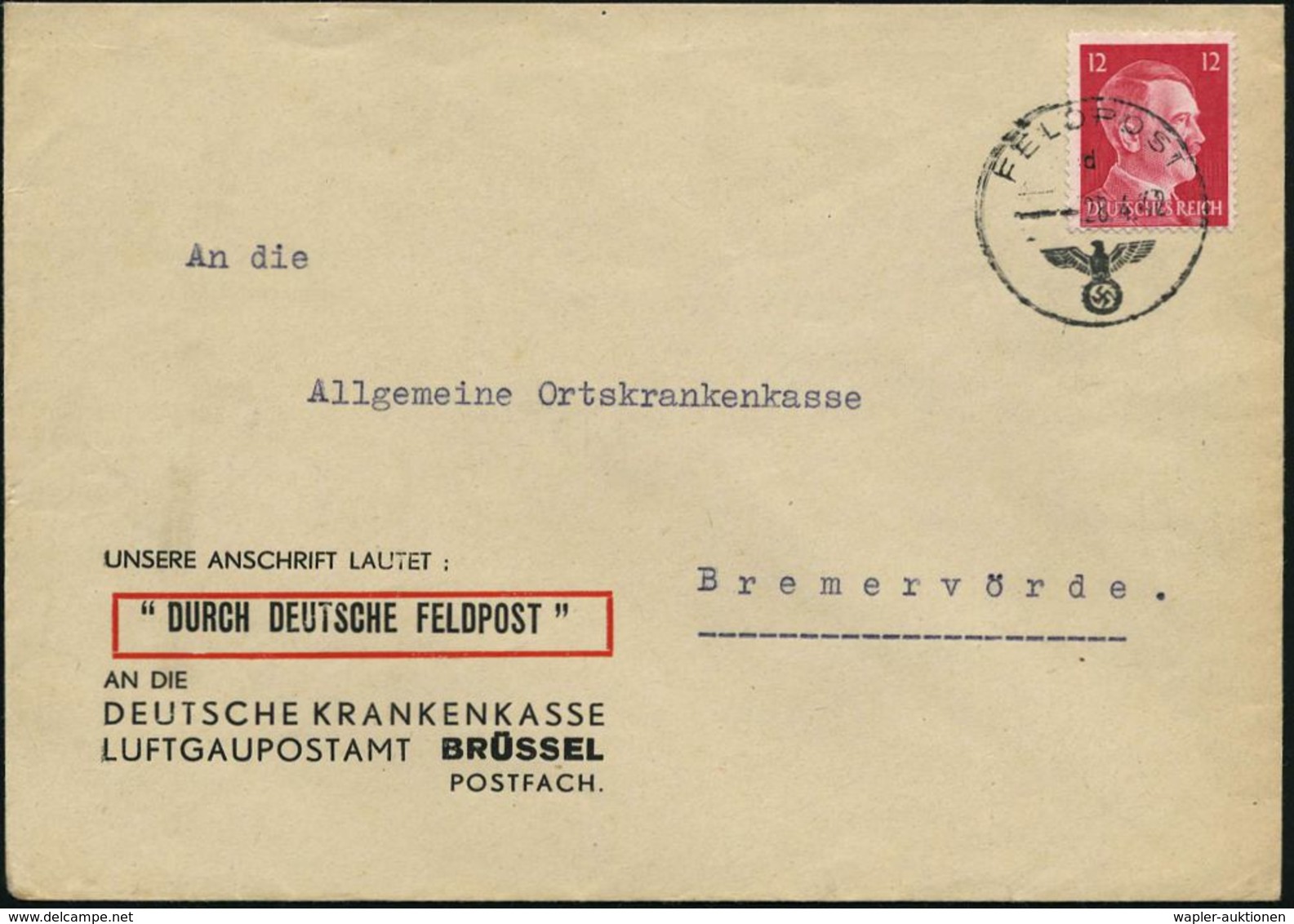 KRANKENKASSE / KRANKEN-VERSICHERUNG : DT.BES.BELGIEN 1942 (28.4.) 1K: FELDPOST/d/--- Auf EF 12 Pf. Hitler Aaf Dienst-Bf: - Medizin