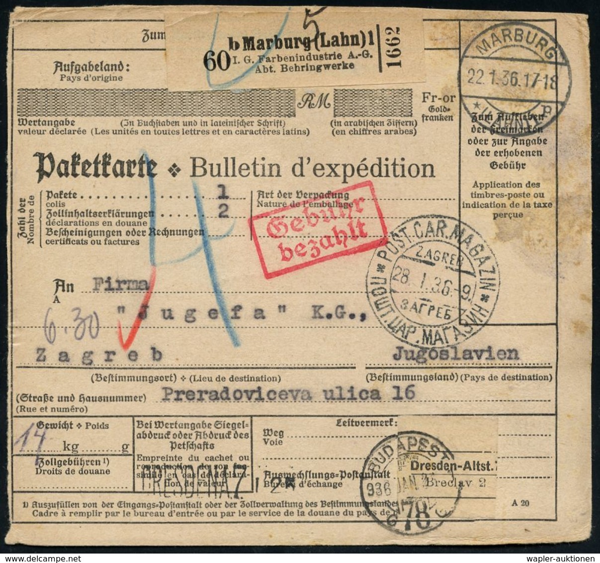 BERÜHMTE MEDIZINER & ÄRZTE : B Marburg (Lahn) 1/ I.G.Farbenindustrie A.G./ Abt.Behringwerke 1936 (22.1.) Seltener Selbst - Médecine