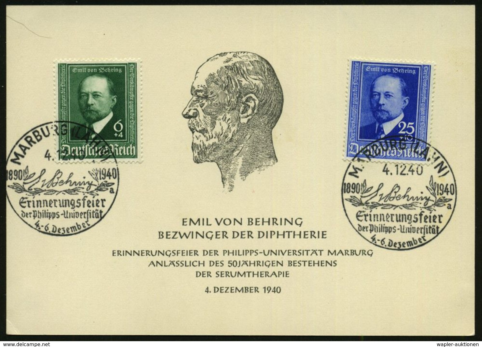 BERÜHMTE MEDIZINER & ÄRZTE : MARBURG (LAHN)/ E V Behring/ A/ Erinnerungsfeier... 1940 (4.12.) SSt Auf Kompl. Satz E. V.  - Médecine