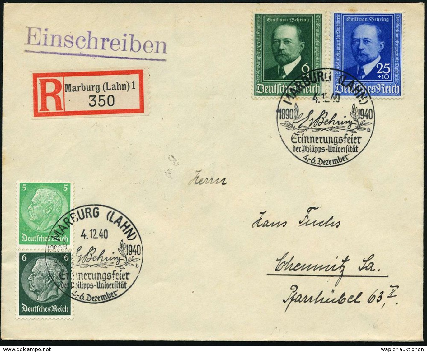 BERÜHMTE MEDIZINER & ÄRZTE : MARBURG (LAHN)/ E V Behring/ B/ Erinnerungsfeier.. 1940 (4.12.) SSt A. Kompl. Satz Emil V.B - Médecine