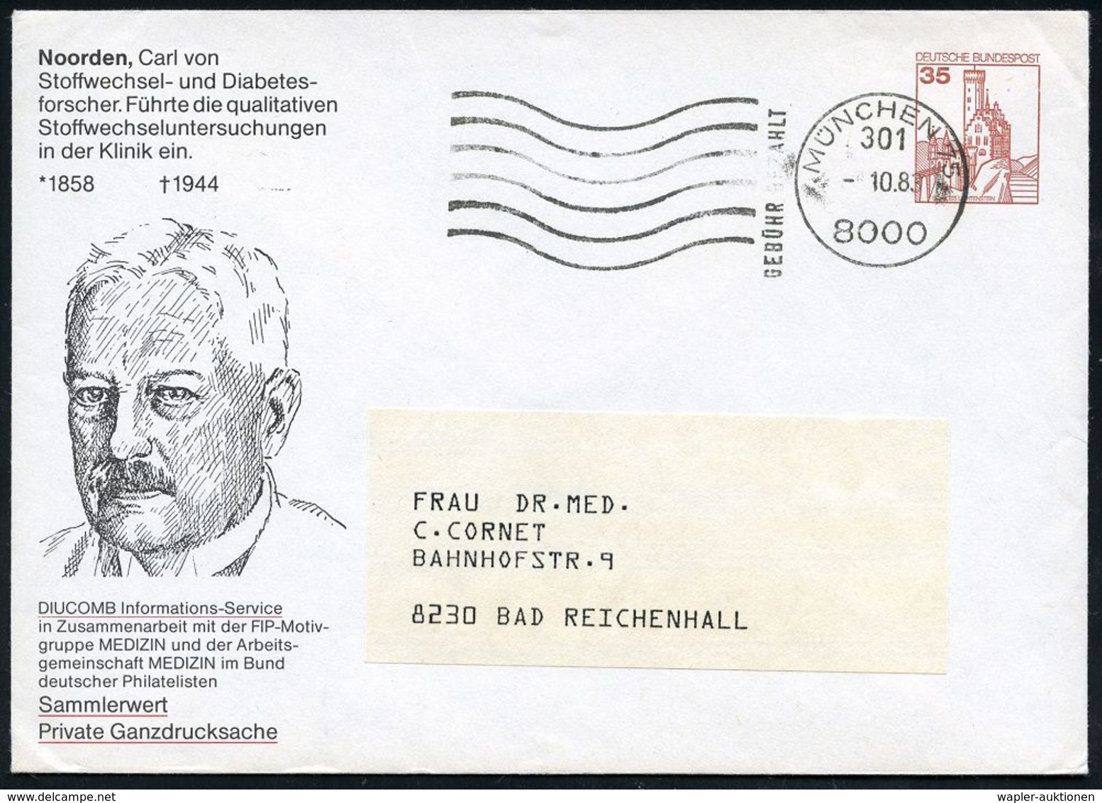 BERÜHMTE MEDIZINER & ÄRZTE : 8000 MÜNCHEN 75/ 302/ GEBÜHR BEZAHLT 1984 (Mai) MaWellenSt. (= VE Absenderstempel Fa. Diuco - Medicine