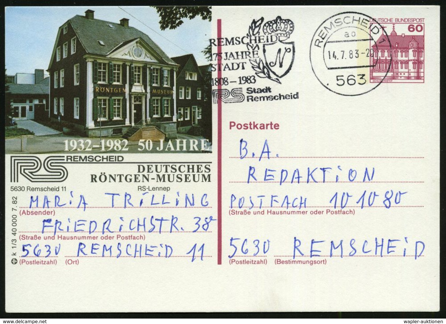 BERÜHMTE MEDIZINER & ÄRZTE : 563 REMSCHEID 1/ Ao/ 75 JAHRE/ STADT.. 1983 (14.7.) MWSt (Napoleon-Monogr.) Ortsgl. BiP 60  - Médecine