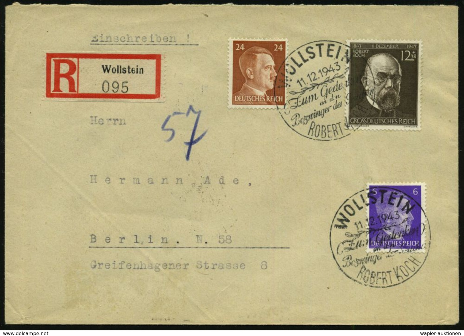 BERÜHMTE MEDIZINER & ÄRZTE : WOLLSTEIN/ ..Bezwinger D.Seuchen/ ROBERT KOCH 1943 (11.12.) SSt Auf 12 + 38 Pf. Robert Koch - Medicine