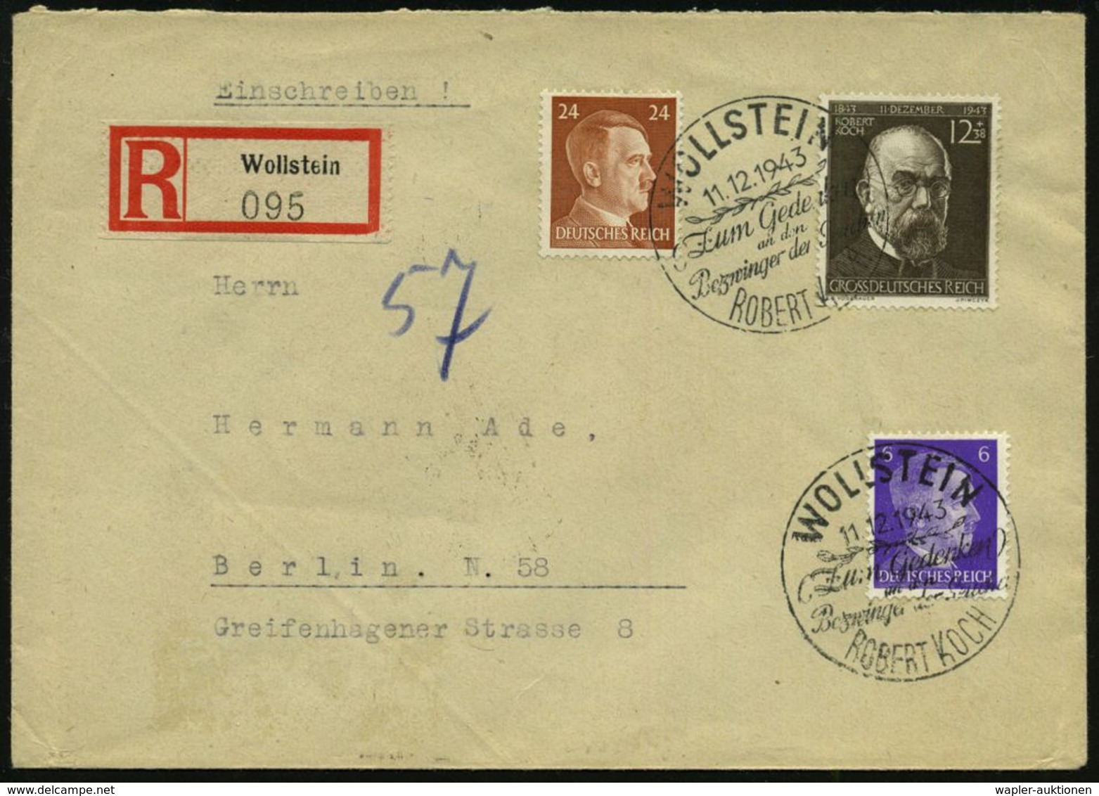 BERÜHMTE MEDIZINER & ÄRZTE : WOLLSTEIN/ ..Bezwinger D.Seuchen/ ROBERT KOCH 1943 (11.12.) SSt Auf 12 + 38 Pf. Robert Koch - Médecine