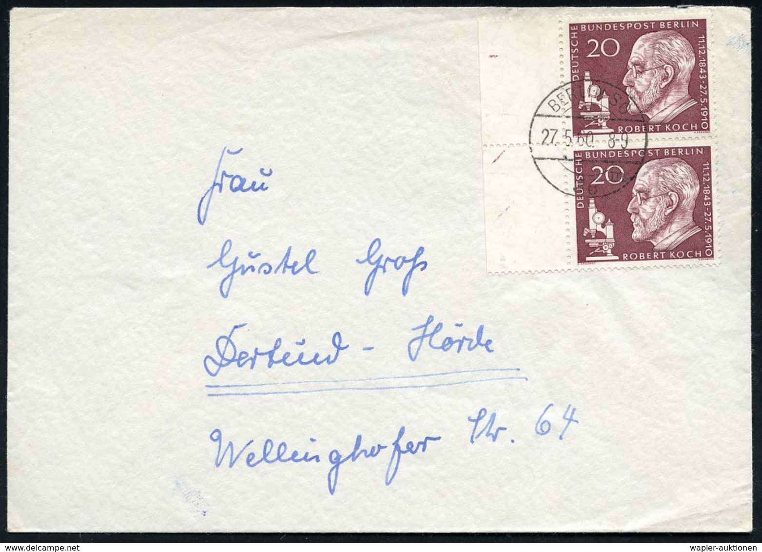 BERÜHMTE MEDIZINER & ÄRZTE : BERLIN 1960 (27.5.) 20 Pf. Robert Koch, Reine MeF: Rand-Paar , Klar Gest. (BERLIN SO 36) Be - Medizin