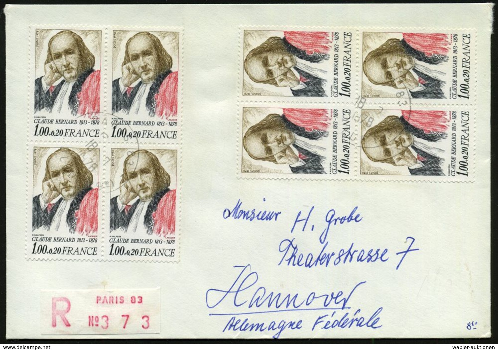 BERÜHMTE MEDIZINER & ÄRZTE : FRANKREICH 1978 (18.9.) 1,00 F. Claude Bernard, Reine MeF: 2x 4er-Block + 1x Rs. = Physiolo - Médecine