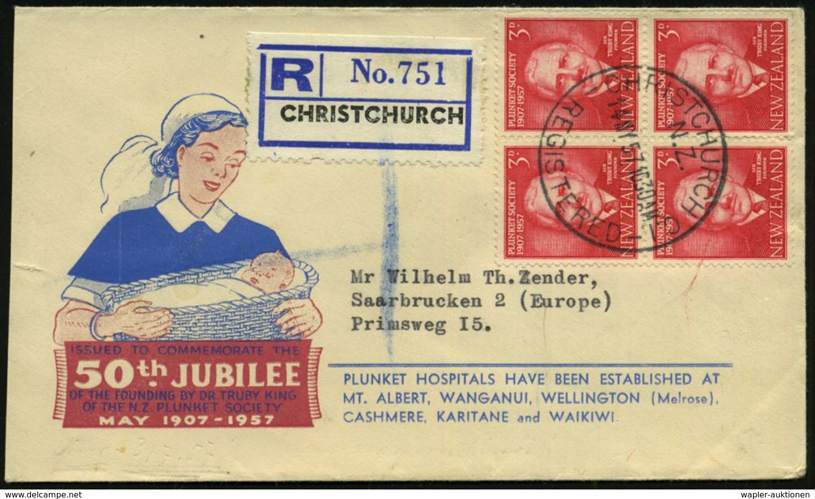 BERÜHMTE MEDIZINER & ÄRZTE : NEUSEELAND 1957 (14.5.) 3d. "Dr.Truby King" (Plunket Hospital-Society), Reine MeF: 4er-Bloc - Médecine