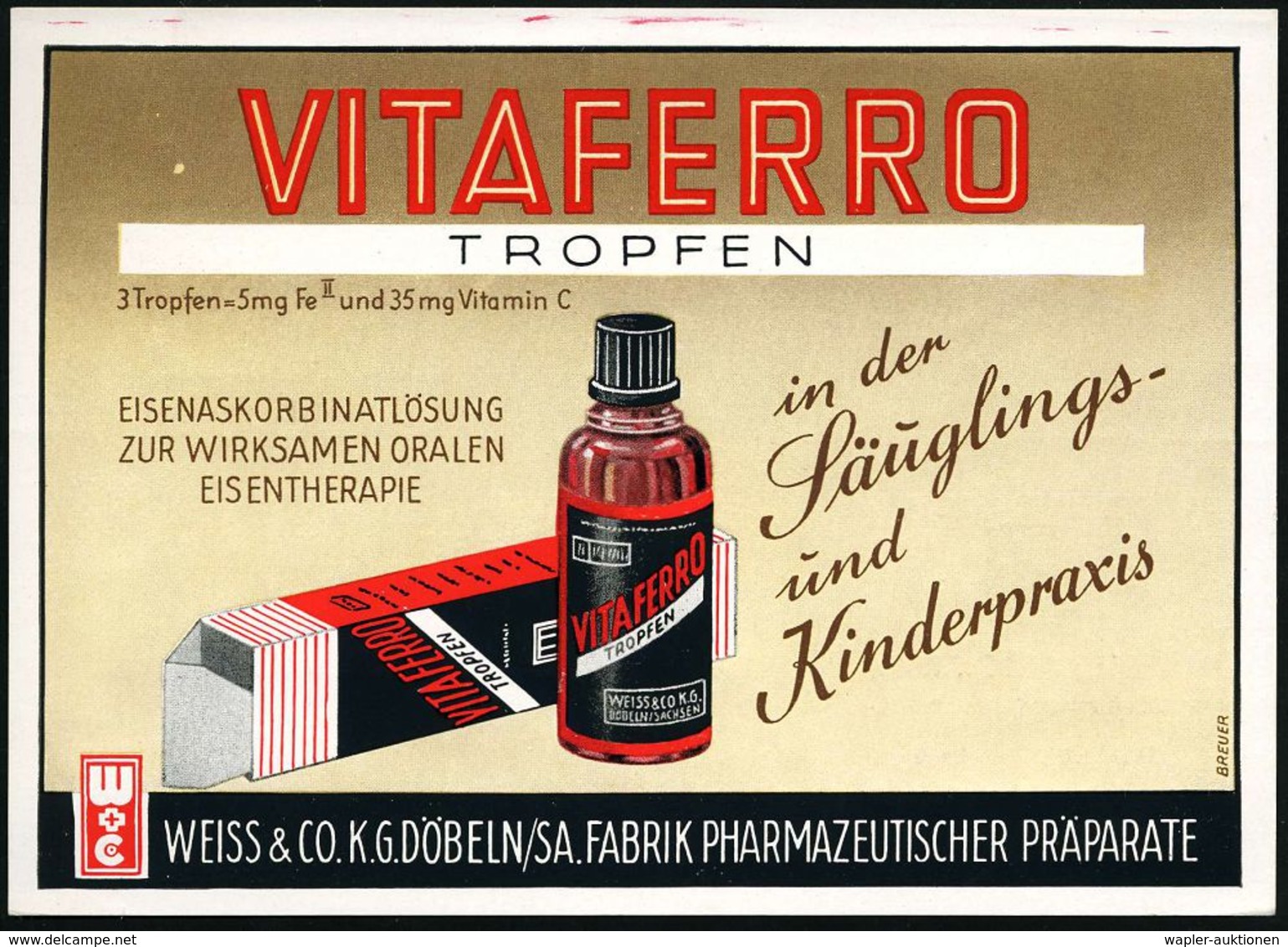 PÄDIATRIE / GYNÄKOLOGIE : DÖBELN 1/ WEISS & CO KG./ Fabrik Pharmazeut.Präparate 1956 (23.7.) AFS (Monogr.-Logo) Auf Colo - Krankheiten