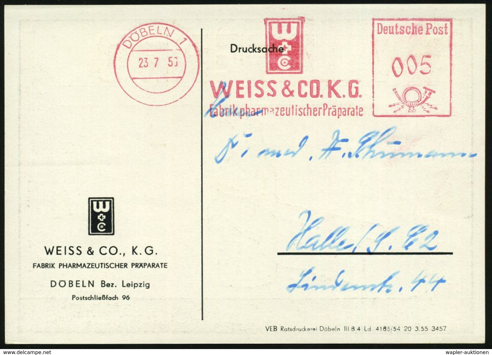 PÄDIATRIE / GYNÄKOLOGIE : DÖBELN 1/ WEISS & CO KG./ Fabrik Pharmazeut.Präparate 1956 (23.7.) AFS (Monogr.-Logo) Auf Colo - Disease