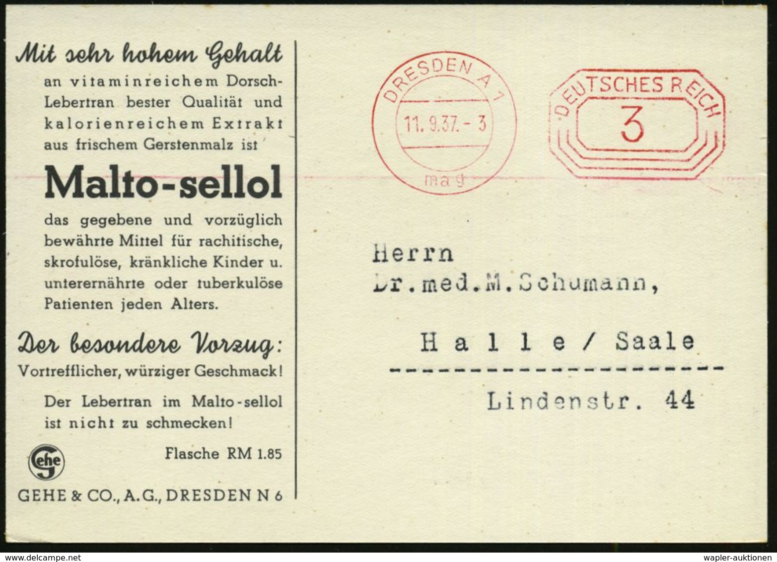 PÄDIATRIE / GYNÄKOLOGIE : DRESDEN A 1/ Mag 1937 (11.9.) PFS 3 Pf. Auf Color-Reklame-Kt.: Malto-sellol.. Malz-Lebertran = - Krankheiten