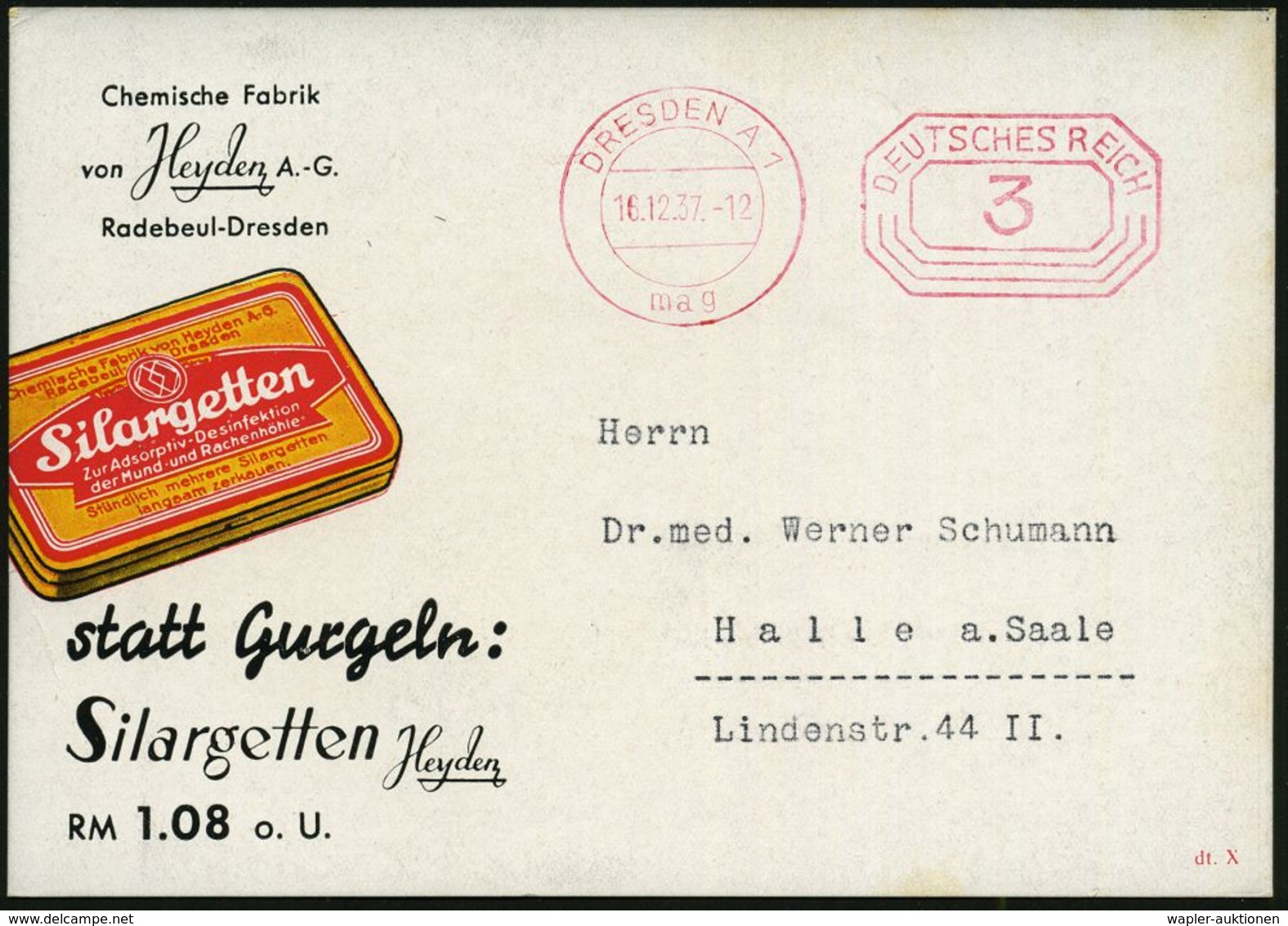 PÄDIATRIE / GYNÄKOLOGIE : DRESDEN A 1/ Mag 1937 (16.12.) PFS 3 Pf. Auf Color-Reklame-Kt.: Silargetten Heyden AG. (Pharma - Malattie