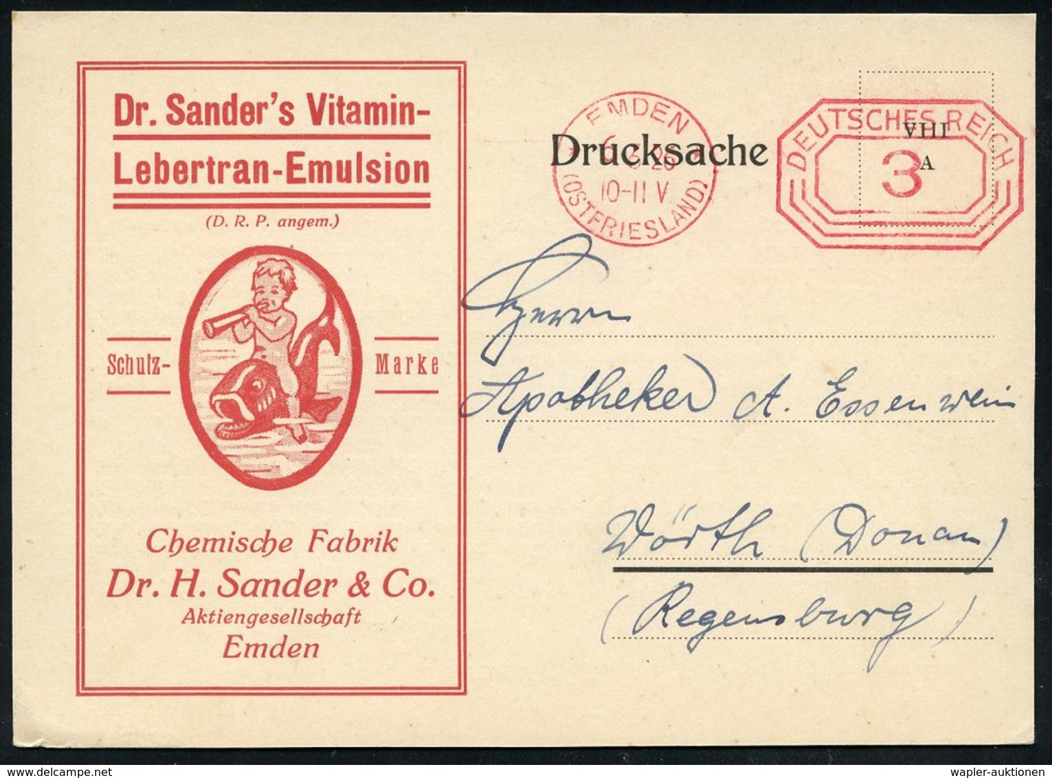 PÄDIATRIE / GYNÄKOLOGIE : EMDEN/ *(OSTFRIESLAND)*/ DEUTSCHES REICH 1926 (6.3.) PFS 3 Pf. Achteck Auf Reklame-Kt.: Dr. Sa - Krankheiten