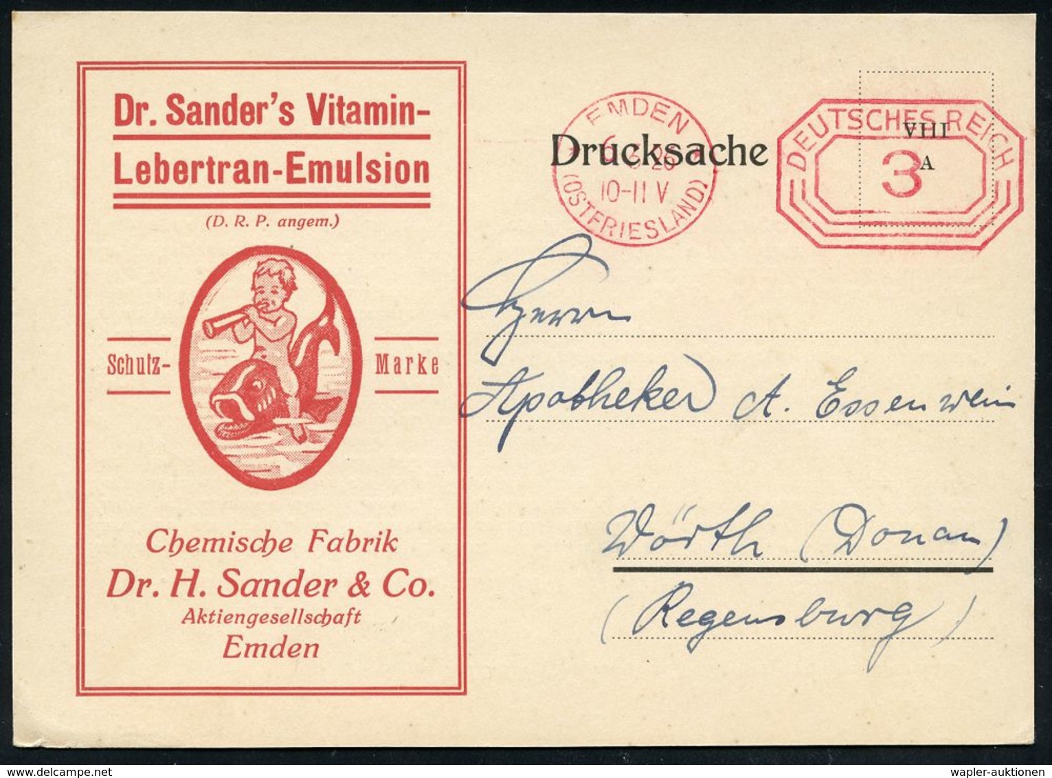 PÄDIATRIE / GYNÄKOLOGIE : EMDEN/ *(OSTFRIESLAND)*/ DEUTSCHES REICH 1926 (6.3.) PFS 3 Pf. Achteck Auf Reklame-Kt.: Dr. Sa - Malattie