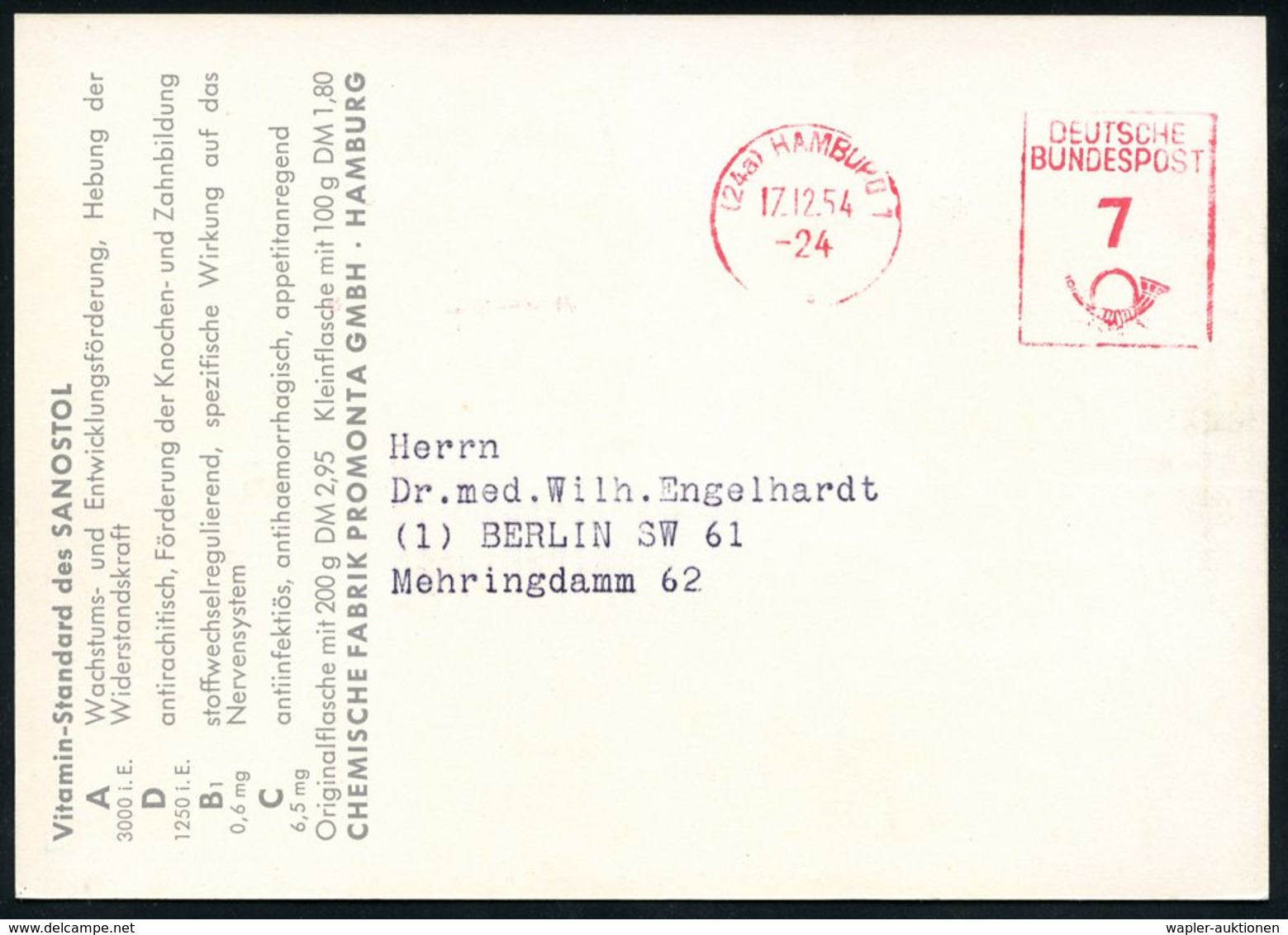 PÄDIATRIE / GYNÄKOLOGIE : (24a) HAMBURG 1/ DEUTSCHE/ BUNDESPOST 1954 (17.12.) PFS 7 Pf. Auf Künstler-Color-Reklame-Ktk.: - Malattie