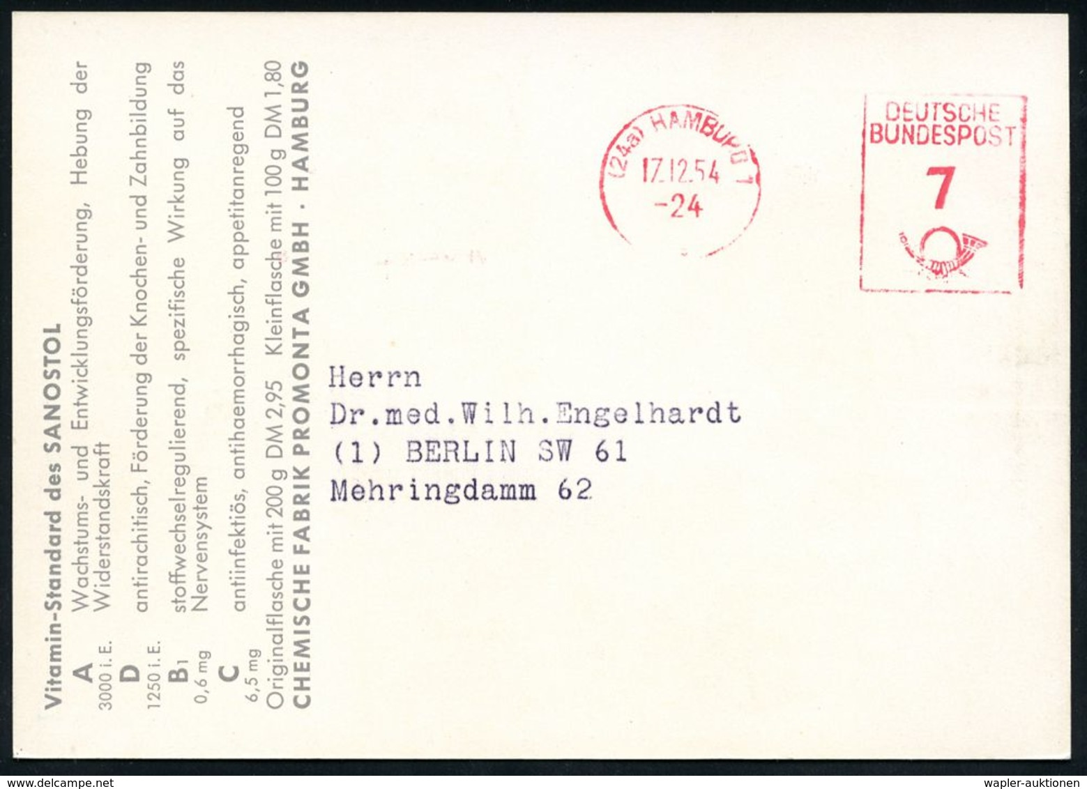 PÄDIATRIE / GYNÄKOLOGIE : (24a) HAMBURG 1/ DEUTSCHE/ BUNDESPOST 1954 (17.12.) PFS 7 Pf. Auf Künstler-Color-Reklame-Ktk.: - Maladies