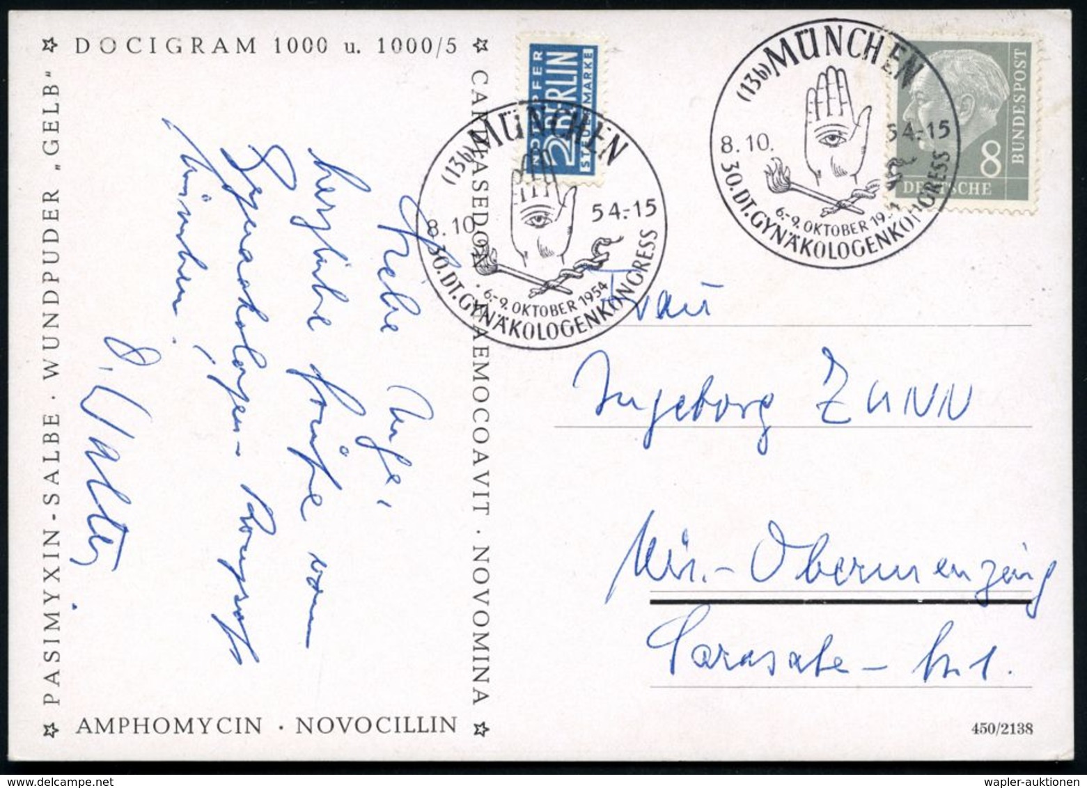 PÄDIATRIE / GYNÄKOLOGIE : (13b) MÜNCHEN/ 30.DEUTSCHER GYNÄKOLOGENKONGRESS 1954 (8.10.) Seltener SSt = Hand Mit Auge, Fac - Krankheiten