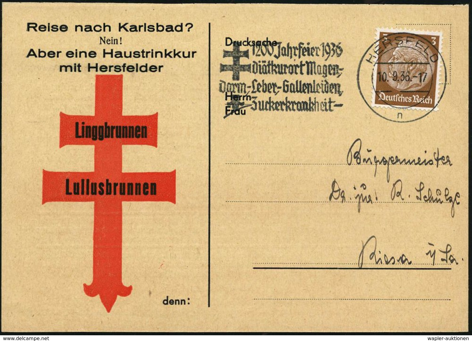 KRANKHEITEN : Bad Hersfeld 1936 (10.9.) MWSt: HERSFELD/n/1200 Jahrfeier 1936/Diätkurort Magen-/Darm,-Leber-,Gallenleiden - Maladies