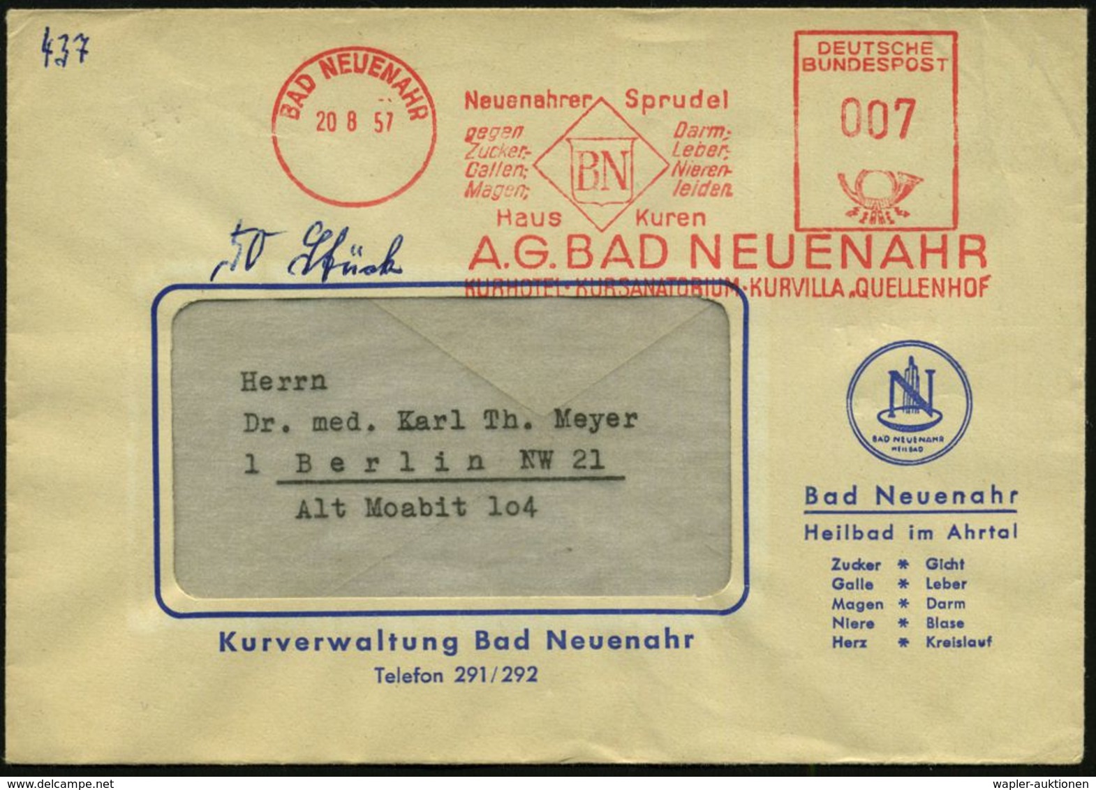 KRANKHEITEN : BAD NEUENAHR/ Neuenahrer Sprudel/ Gegen/ Zucker-/ Gallen-,Magen-,/ Darm..leiden 1957 (20.8.) Seltener AFS- - Maladies