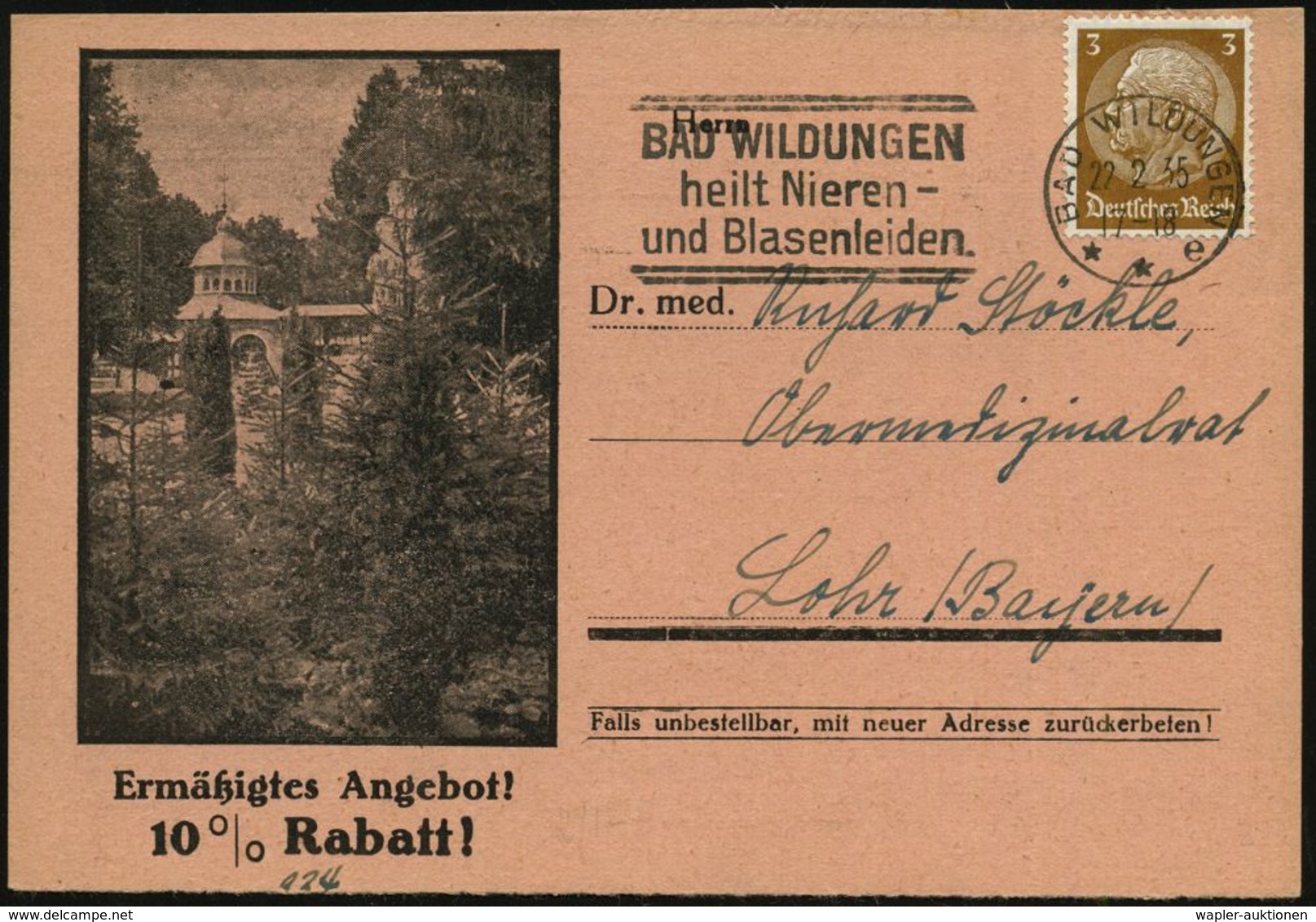 KRANKHEITEN : BAD WILDUNGEN/ **e/ Heilt Nieren-/ U-Blasenleiden 1935 (21.6.) MWSt Klar Auf (halber) Reklame-Kt.: Wildung - Maladies