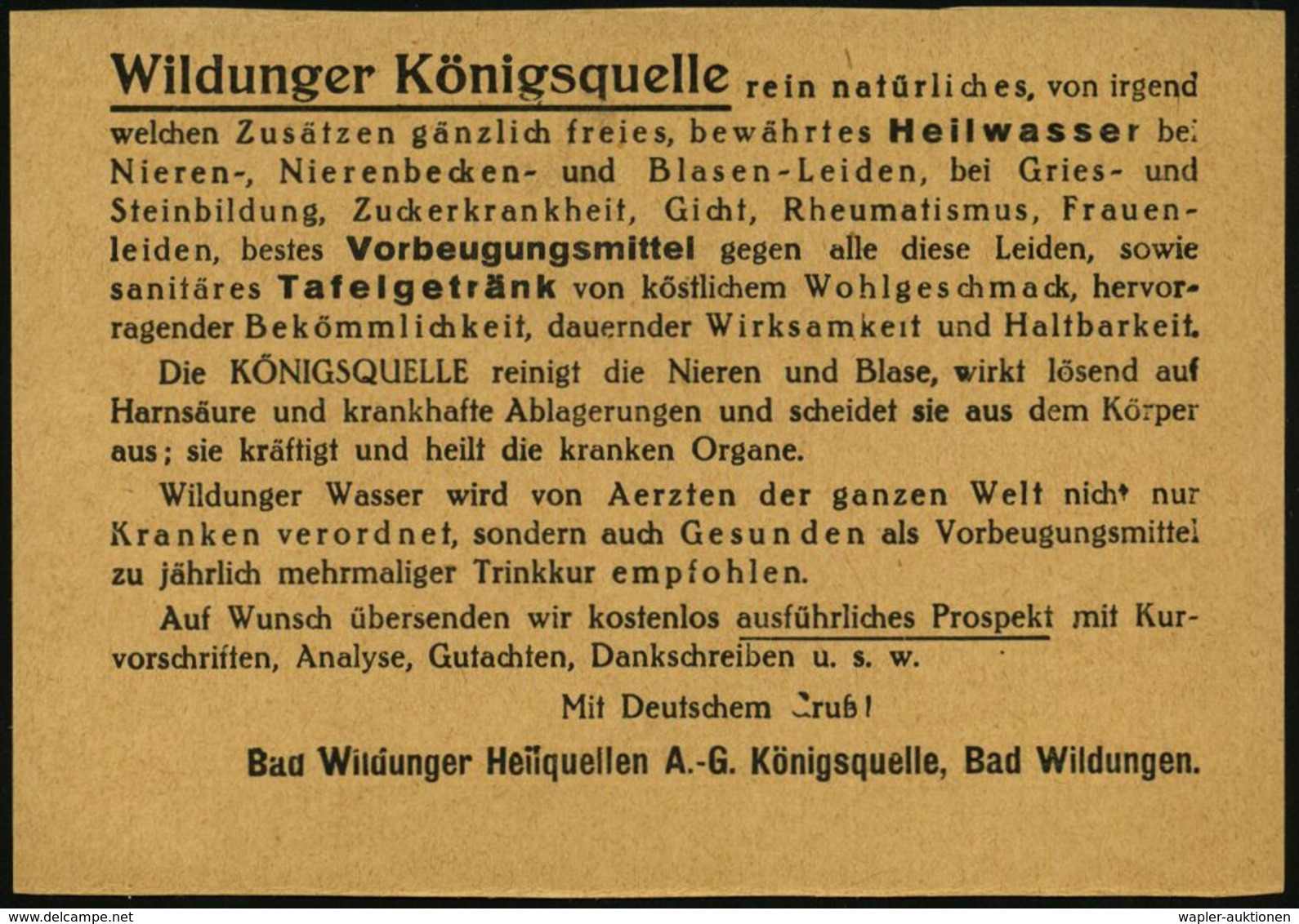 KRANKHEITEN : BAD WILDUNGEN/ 1/ Wildunger/ Königsquelle/ Für/ Nieren U.Blase 1937 (2.9.) AFS Auf Dekorativer (halber) Re - Disease