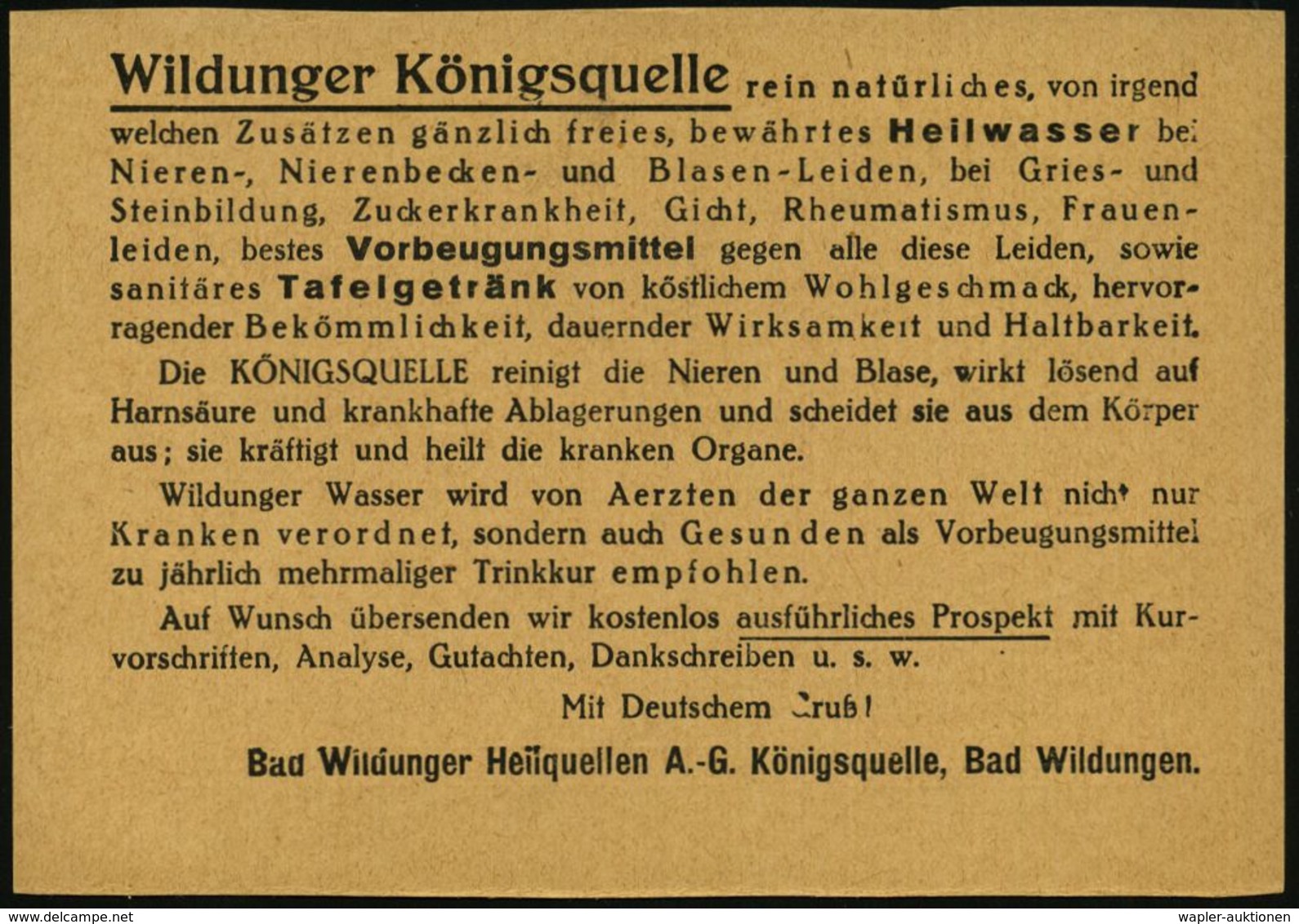 KRANKHEITEN : BAD WILDUNGEN/ 1/ Wildunger/ Königsquelle/ Für/ Nieren U.Blase 1937 (2.9.) AFS Auf Dekorativer (halber) Re - Maladies