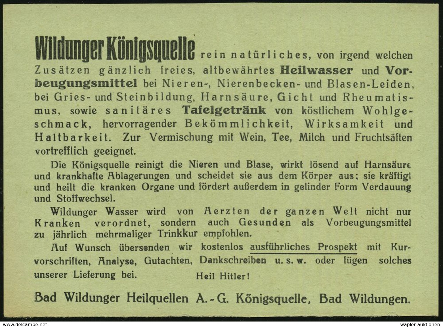 KRANKHEITEN : BAD WILDUNGEN/ 1/ WILDUNGER/ KÖNIGSQUELLE/ FÜR/ NIEREN U.BLASE 1939 (12.9.) AFS Auf Dekorativer (halber) R - Disease