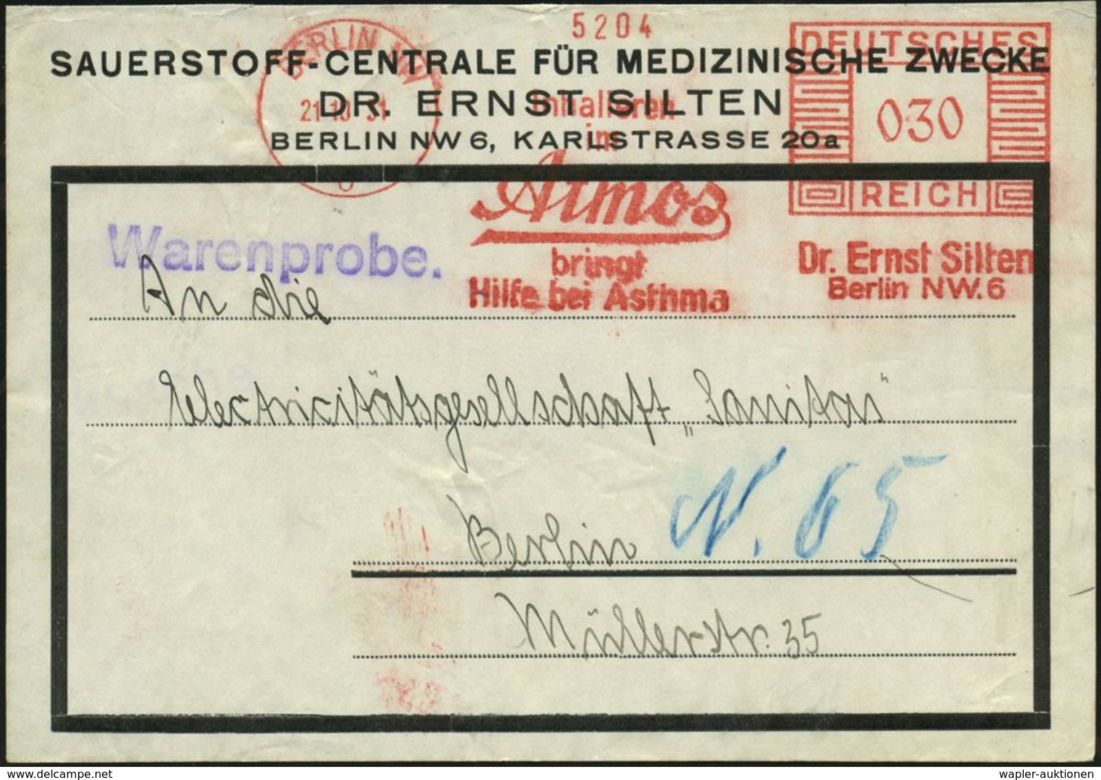KRANKHEITEN : BERLIN NW/ 6/ ..Atmos/ Bringt/ Hilfe Bei Asthma/ Dr.Ernst Silten 1931 (21.10.) AFS 030 Pf. Auf Firmen-Adre - Maladies