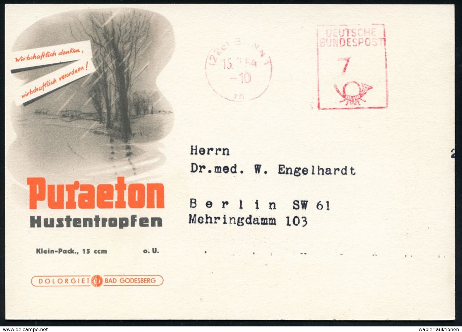 KRANKHEITEN : (22c) BONN 1/ DEUTSCHE/ BUNDESPOST 1954 (15.2.) PFS 7 Pf. Auf Künstler-Reklame-Ak.: PURAETON Hustenropfen. - Maladies