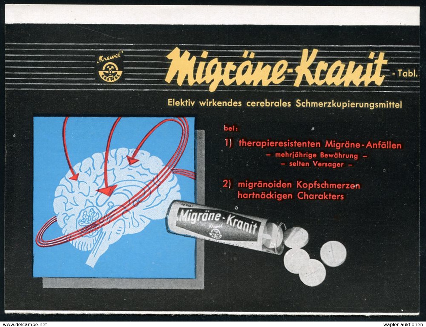 KRANKHEITEN : (22c) EITORF/ "Krewel"/ GEBÜHR BEZAHLT 1954 (6.12.) AFS 007 Pf. (Firmen-Logo) Auf Color-Reklame-Kt.: Migrä - Maladies