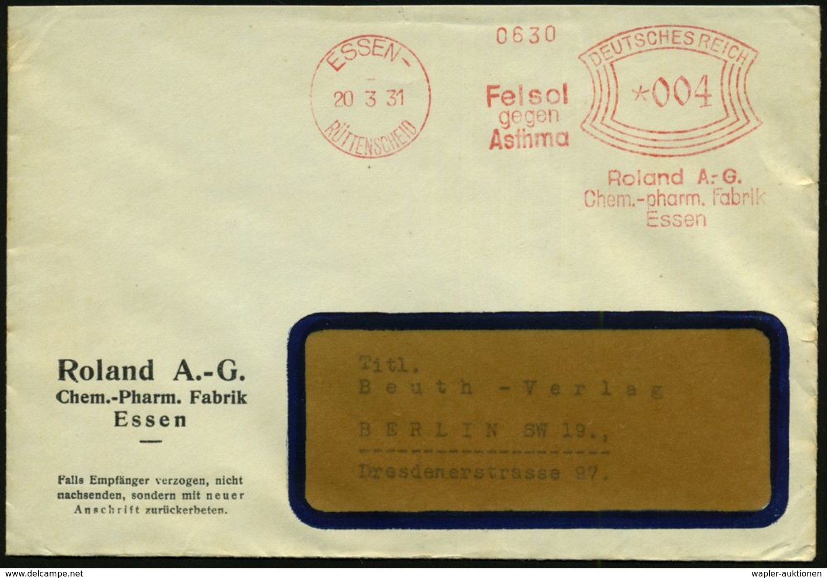 KRANKHEITEN : ESSEN-/ RÜTTENSCHEID/ Felsol/ Gegen/ Asthma/ Roland A.-G. 1931 (20.3.) AFS Klar Auf Firmen-Bf. (kl. Rißche - Disease