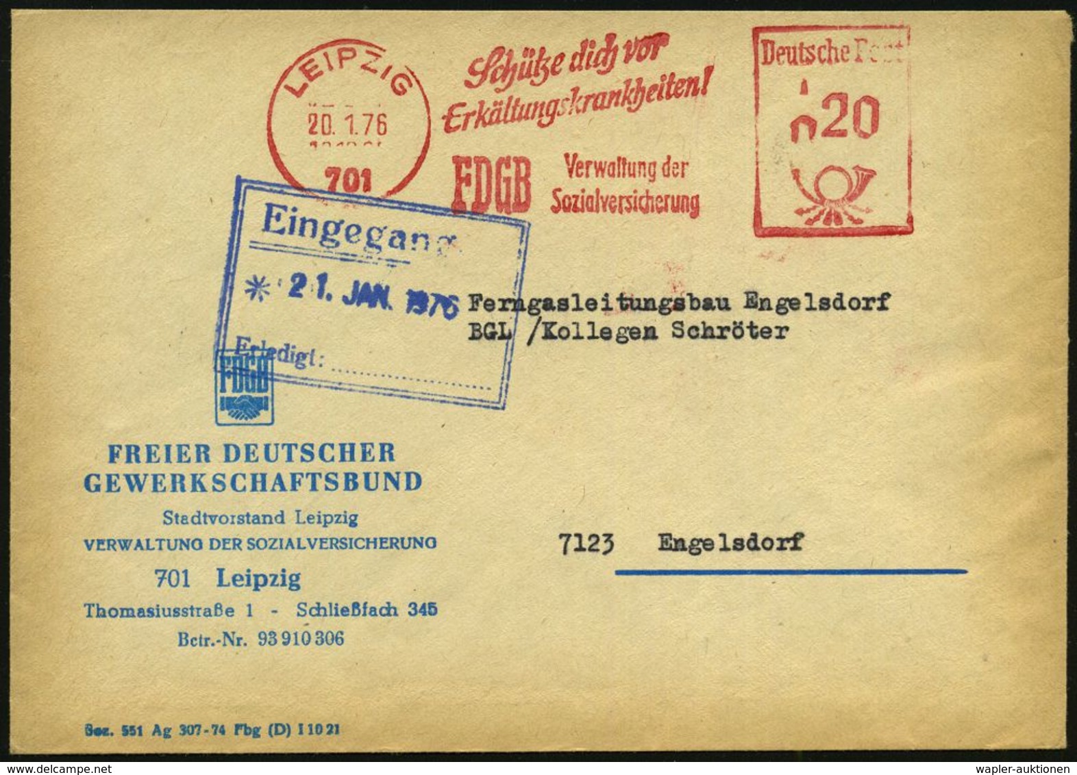 KRANKHEITEN : 701 LEIPZIG/ Schütze Dich Vor/ Erkältungskrankheiten!/ FDGB.. 1976 (20.1.) AFS Mit PLZ Auf Dienst-Bf.: FDG - Disease