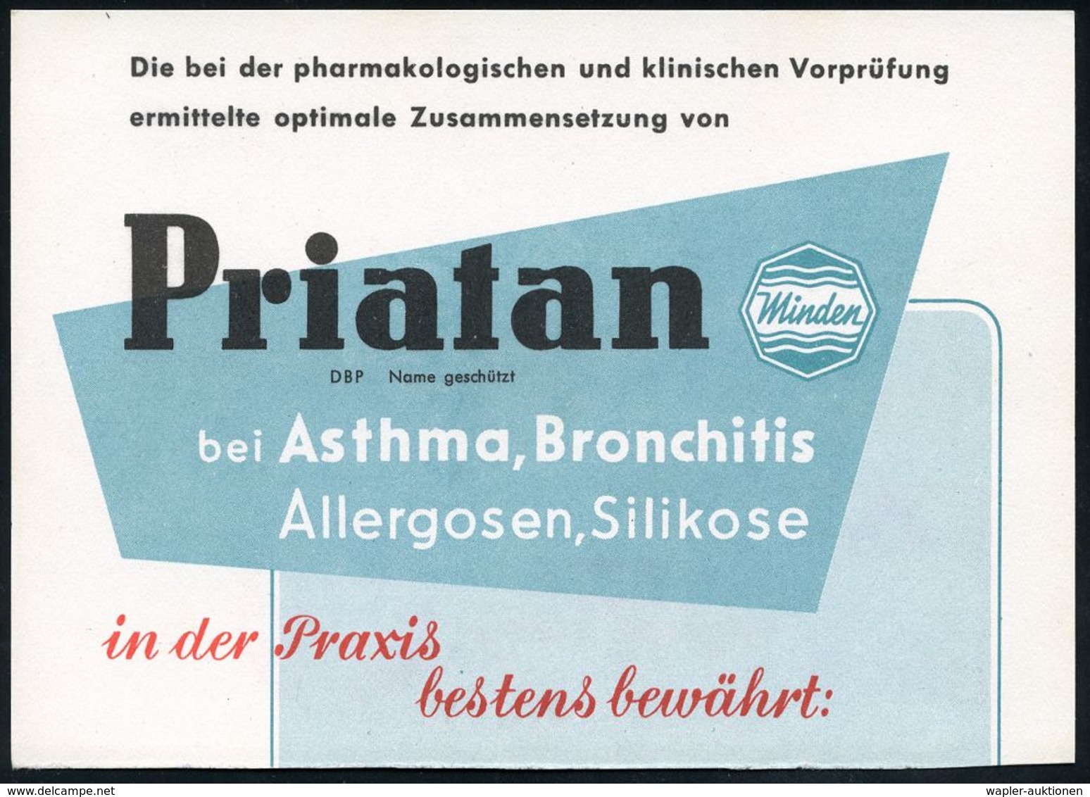 KRANKHEITEN : (21a) MINDEN (WESTF) 1/ Chemische Werke Minden/ GmbH 1953 (10.5.) AFS Auf (halber) Reklame-Kt.: Priatan Be - Disease