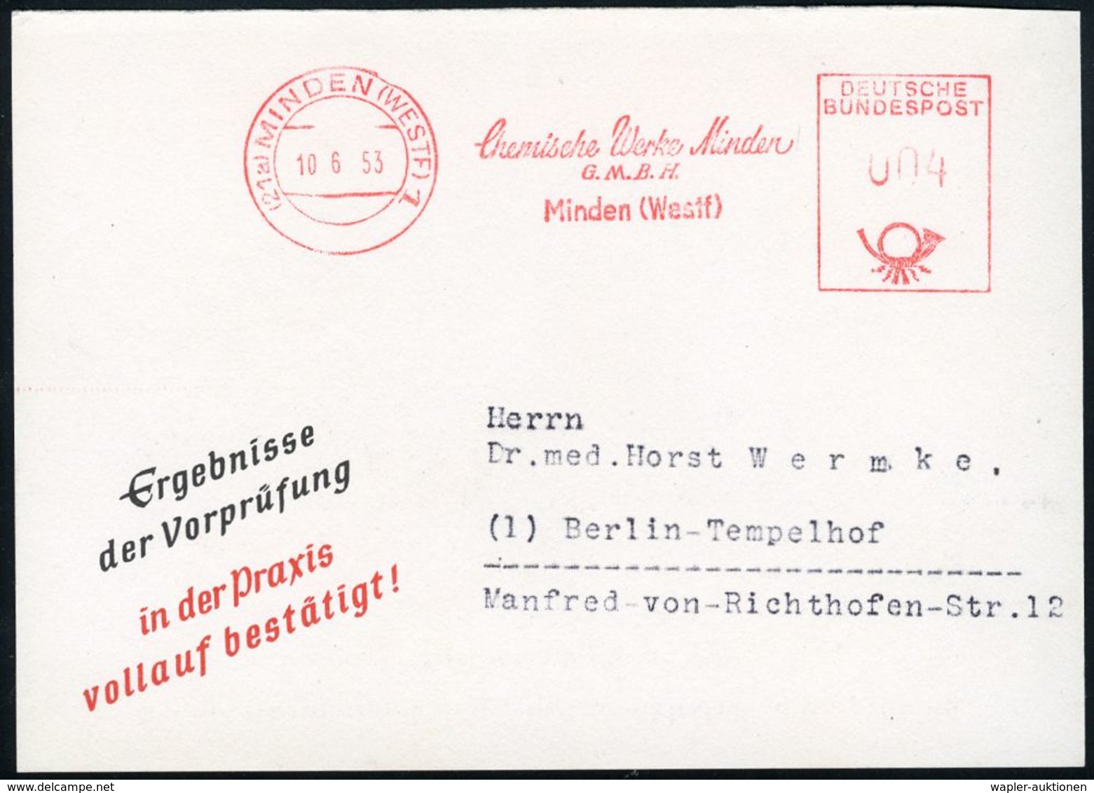 KRANKHEITEN : (21a) MINDEN (WESTF) 1/ Chemische Werke Minden/ GmbH 1953 (10.5.) AFS Auf (halber) Reklame-Kt.: Priatan Be - Maladies