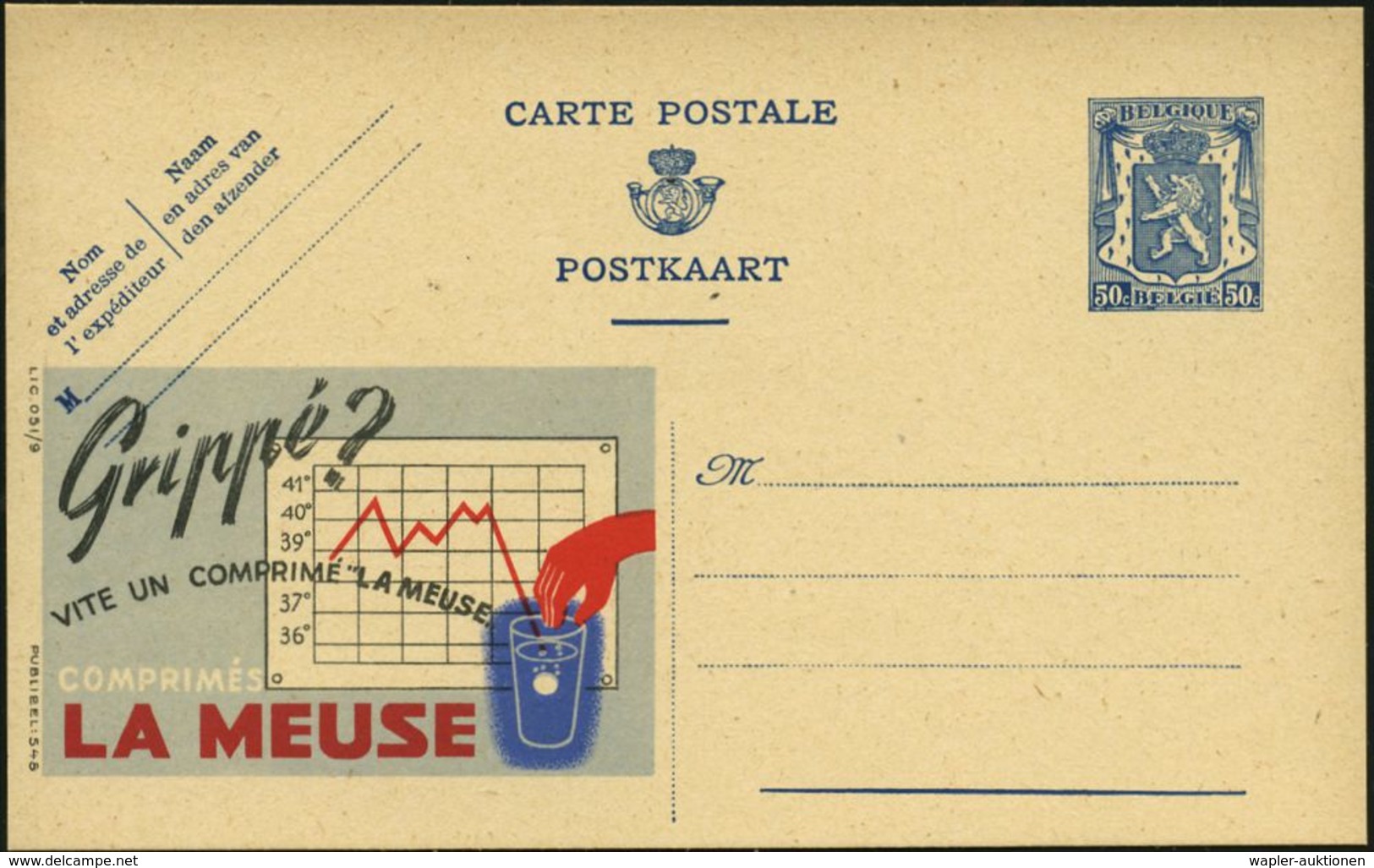 KRANKHEITEN : BELGIEN 1941 50 C. Reklame-P Blau: Grippé?..LA MEUSE = Fieber-Messblatt (mit Fieberkurve, Glas Mit Pille E - Disease