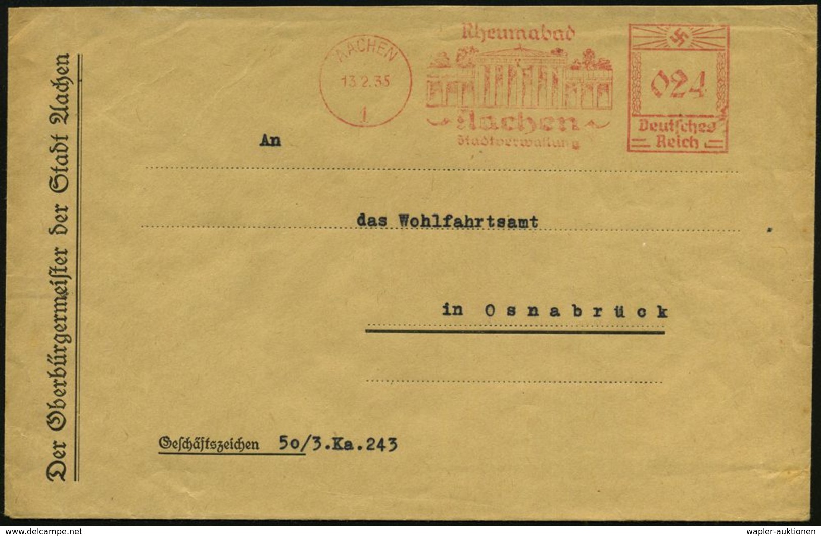 RHEUMATISMUS : AACHEN/ 1/ Rheumabad/ ..Stadtverwaltung 1935 (13.2.) Dekorativer AFS (Brunnen-Kolonnaden) Klar Auf Kommun - Krankheiten