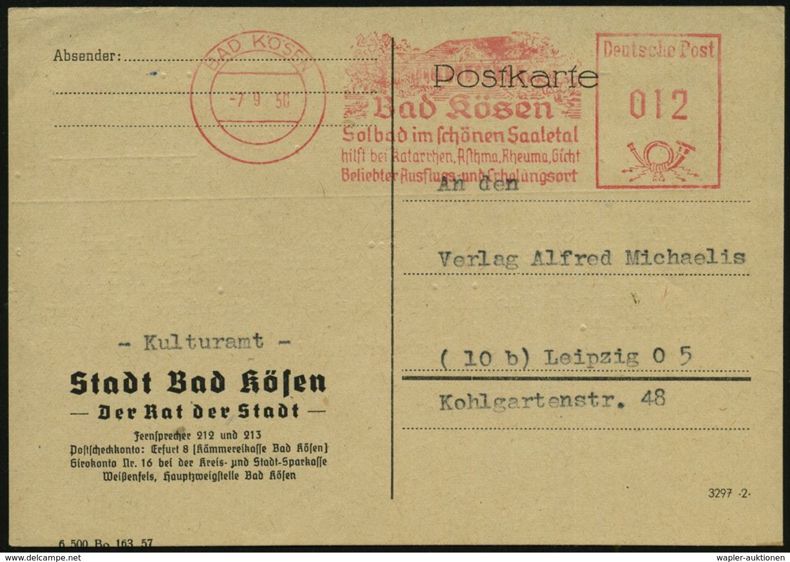 RHEUMATISMUS : BAD KÖSEN/ Solbad Im Schönen Saaletal/ Hilft Bei Katarrhen,Asthma,Rheuma,Gicht.. 1950 (7.9.) Dekorativer  - Disease