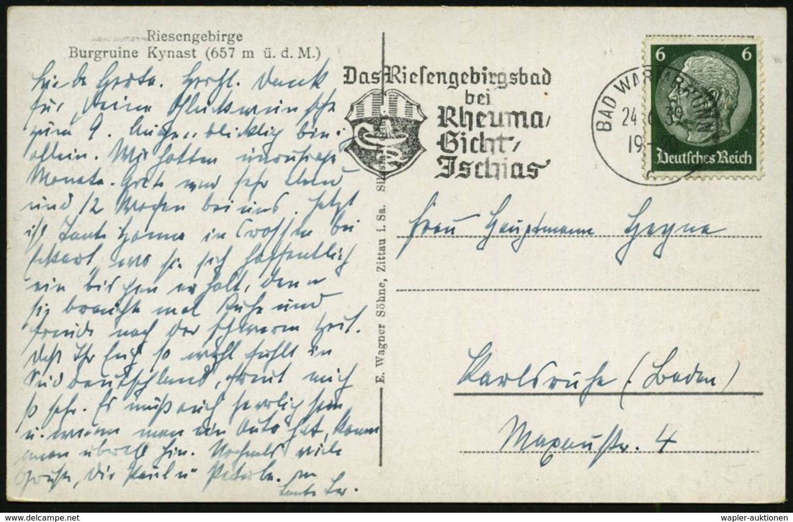RHEUMATISMUS : BAD WARMBRUNN/ C/ Das Riesengebirgsbad/ Bei/ Rheuma,/ Gicht,/ Jschias 1939 (24.6.) MWSt (Stadtwappen: Sch - Krankheiten
