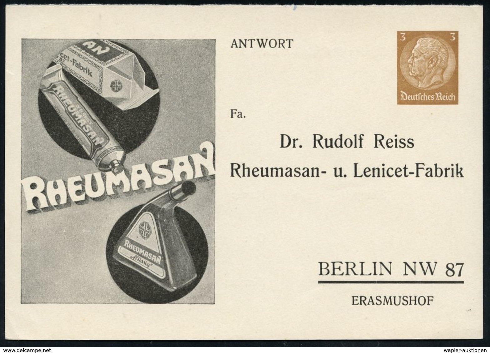 RHEUMATISMUS : BERLIN NW 87 1935 (ca.) Antwort-PP 3 Pf. Hindenbg. Braun: Dr.Rud.Reiss/Rheumasan..Fabrik (Rheuma-Medikame - Maladies