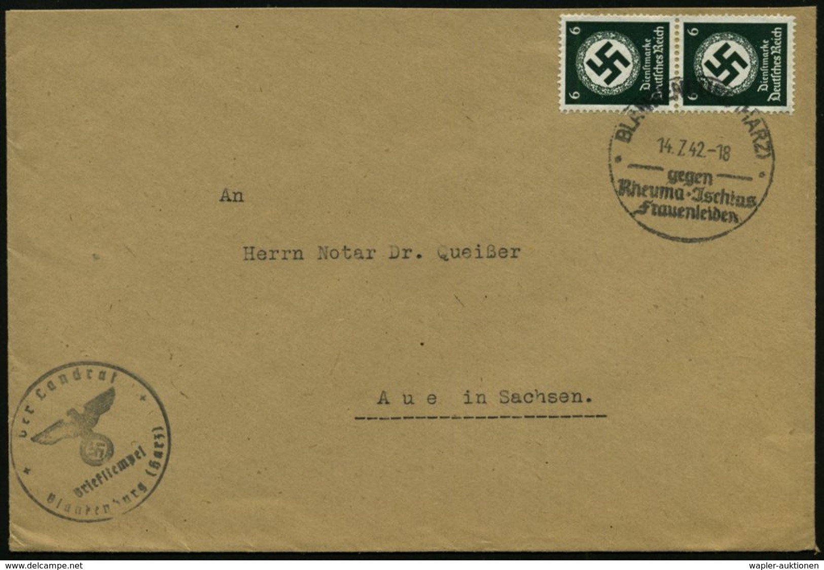 RHEUMATISMUS : BLANKENBURG (HARZ)/ Gegen/ Rheuma-Jschias/ Frauenleiden 1942 (14.7.) HWSt Auf Paar 6 Pf. Behördendienst + - Malattie