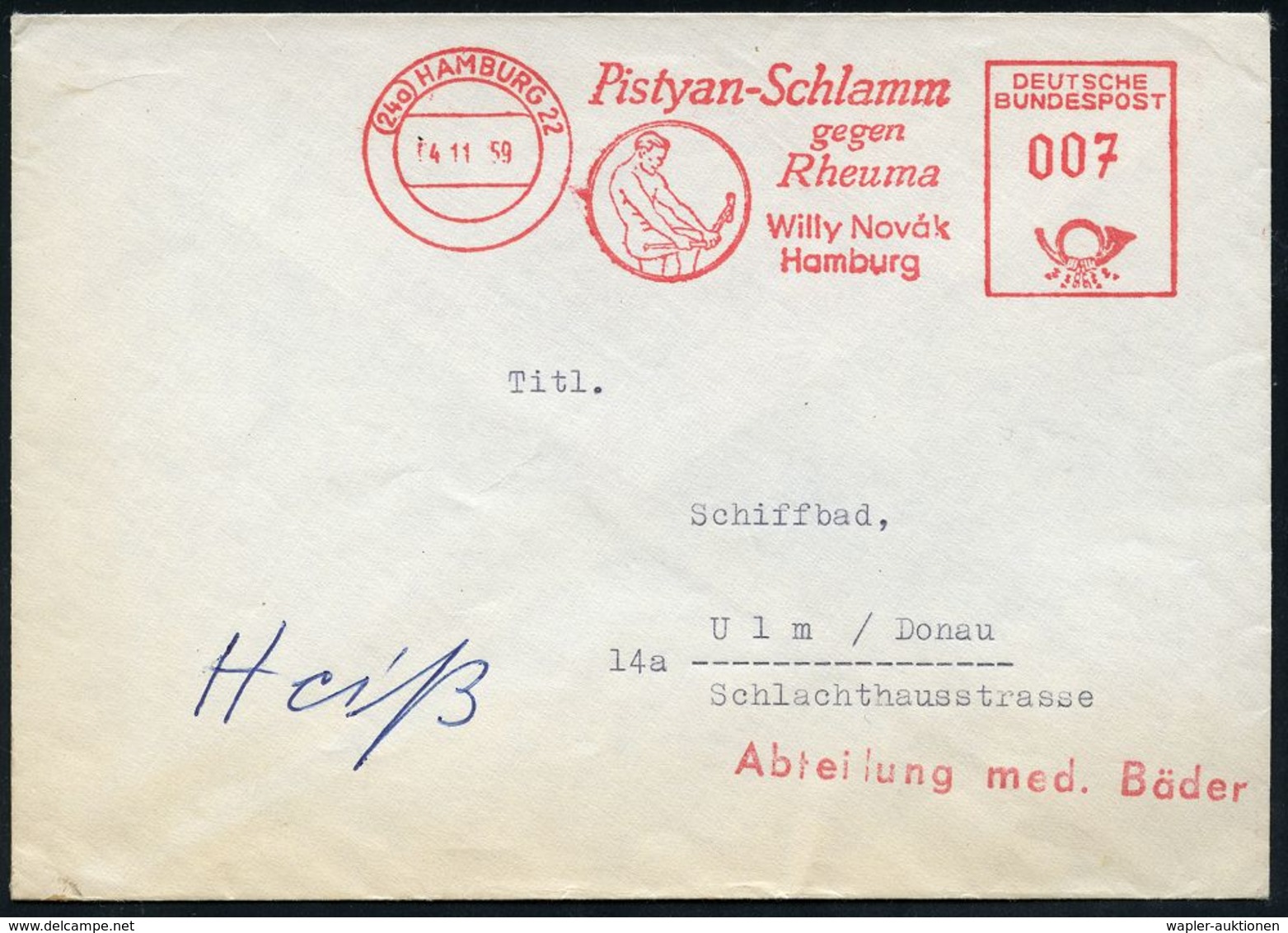 RHEUMATISMUS : (24a) HAMBURG 22/ Pistyan-Schlamm/ Gegen/ Rheuma/ Willy Novak 1959 (4.11.) AFS (Mann Zerbricht Krückstock - Maladies